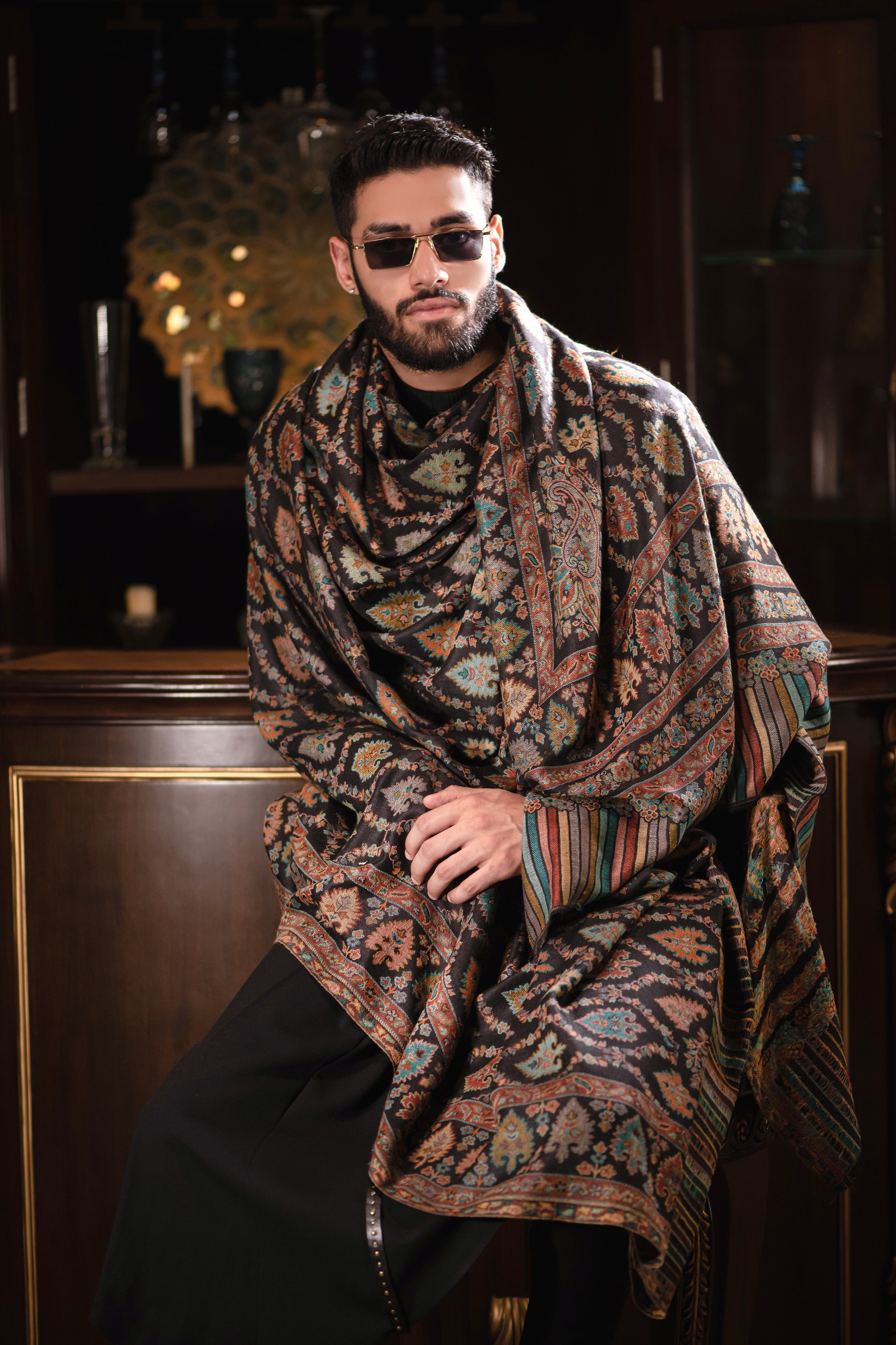 Pashtush mens Extra Fine Wool shawl, Ethnic design, Black - Image 3