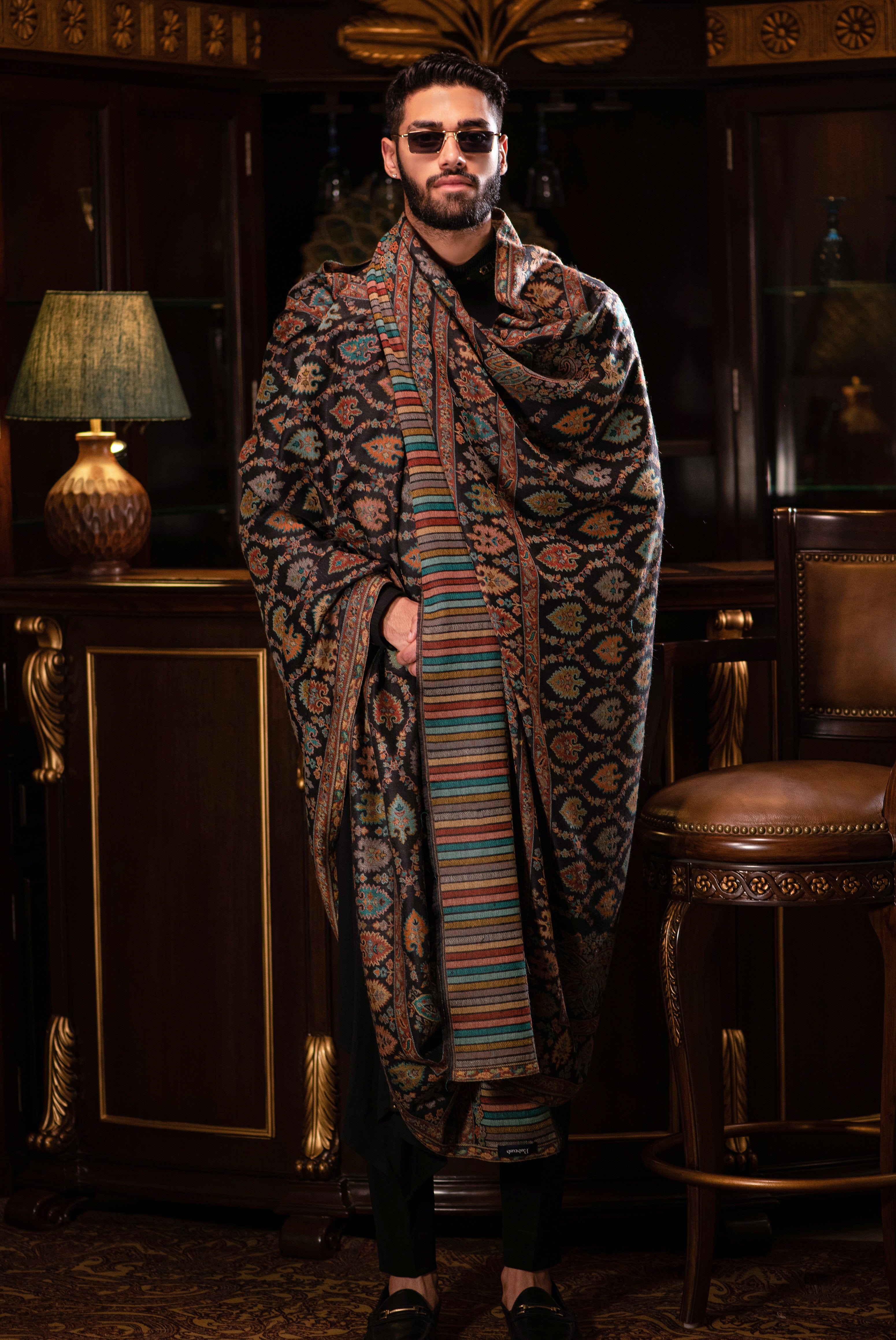 Pashtush mens Extra Fine Wool shawl, Ethnic design, Black - Image 5