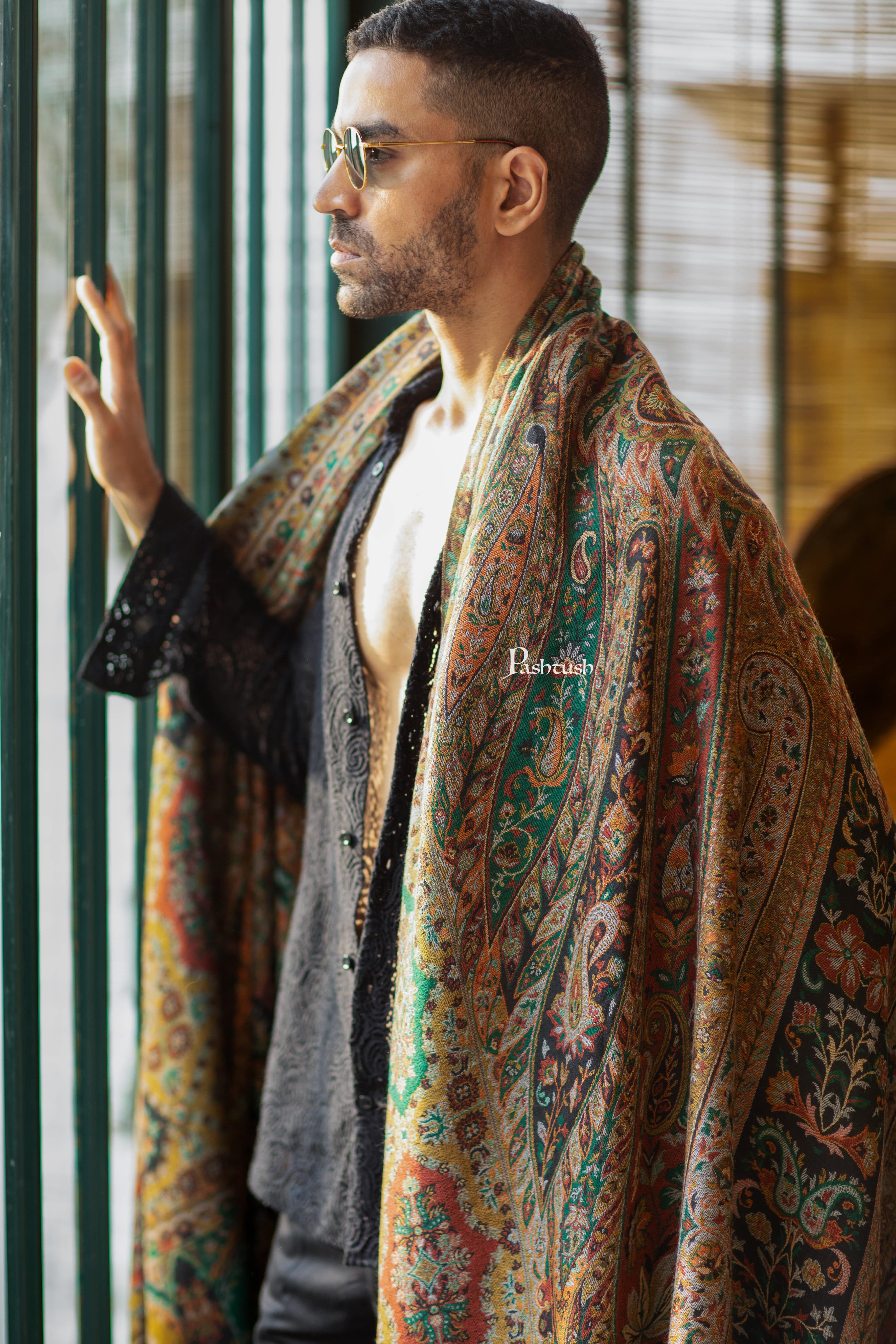 Pashtush Mens Extra Fine Wool Shawl, Ethnic Weave Design, Black - Image 5