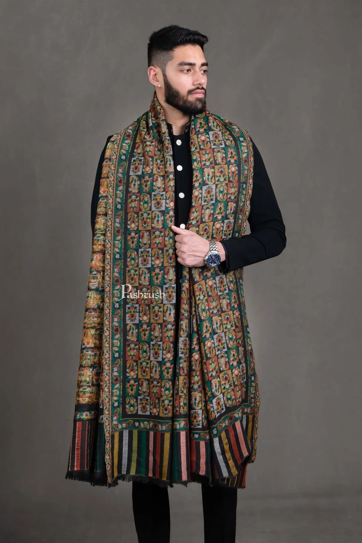 Pashtush Mens Extra Fine Wool Shawl, Full Size Ethnic Weave Woven Design, Black - Image 4