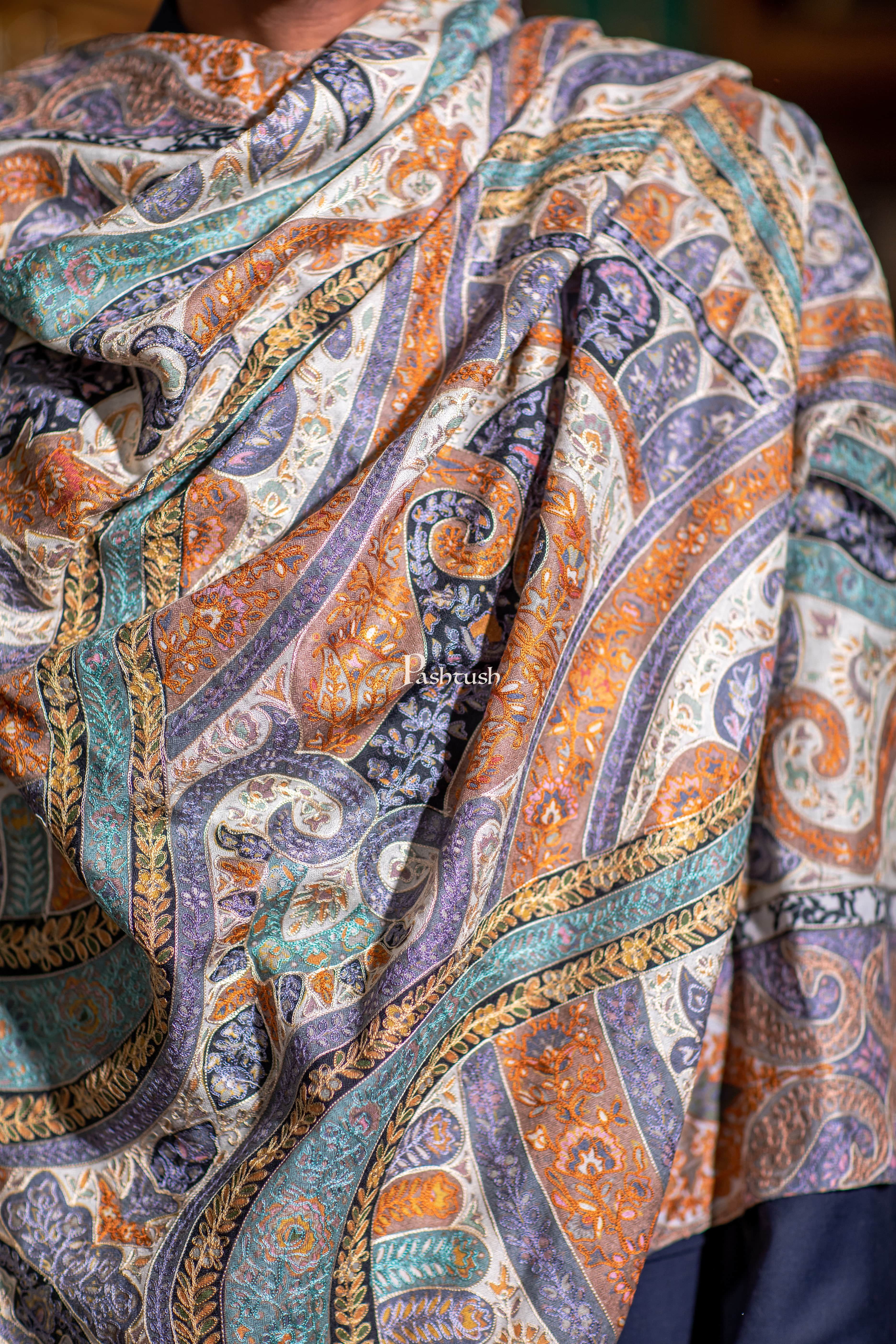 Pashtush Mens Extra Fine Wool Shawl, Hand Embroidered Kalamkari Design, Multicolour - Image 2