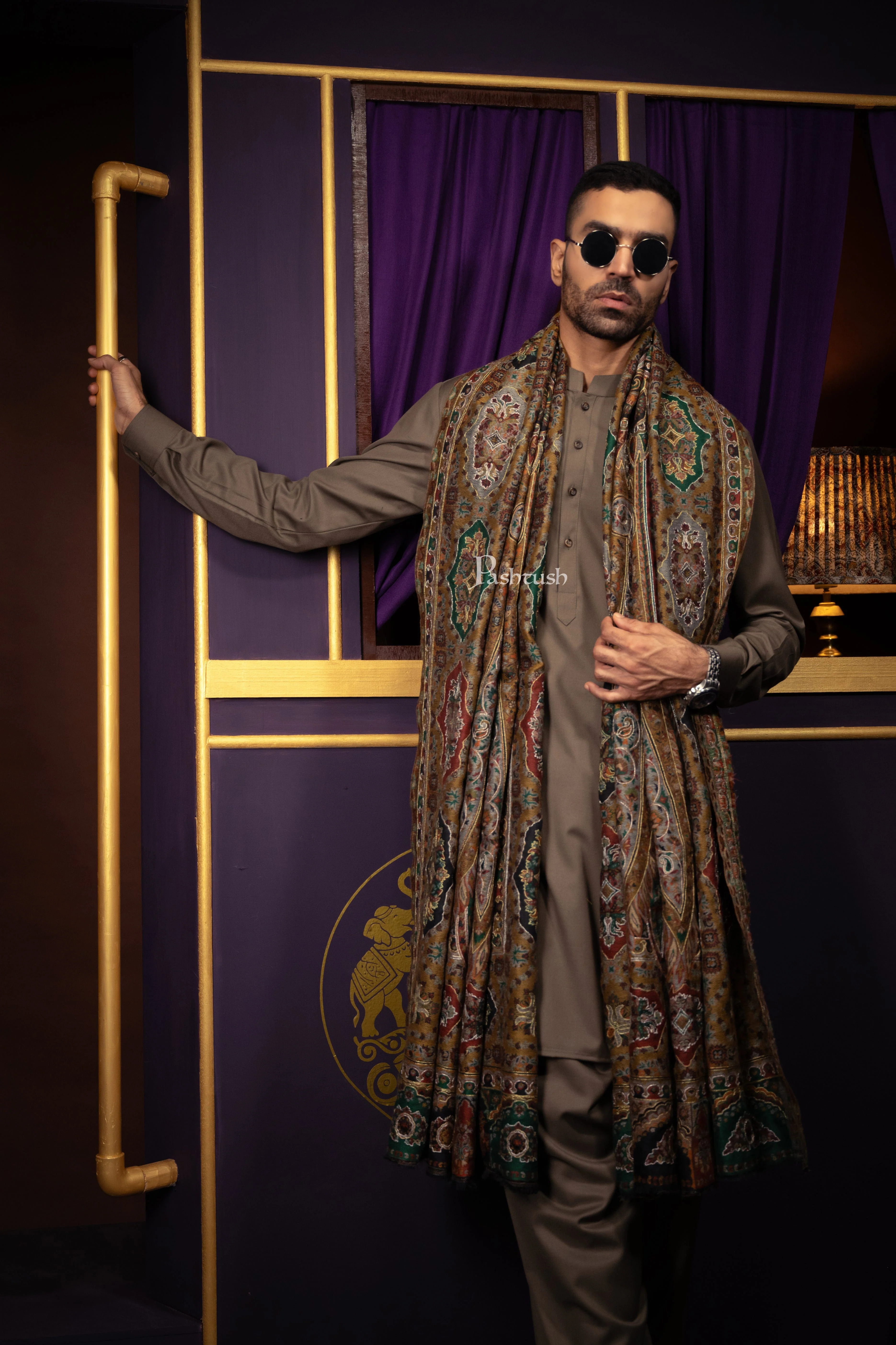 Pashtush Mens Extra Fine Wool Shawl, Hand Embroidery Tilla Work Design, Black - Image 3