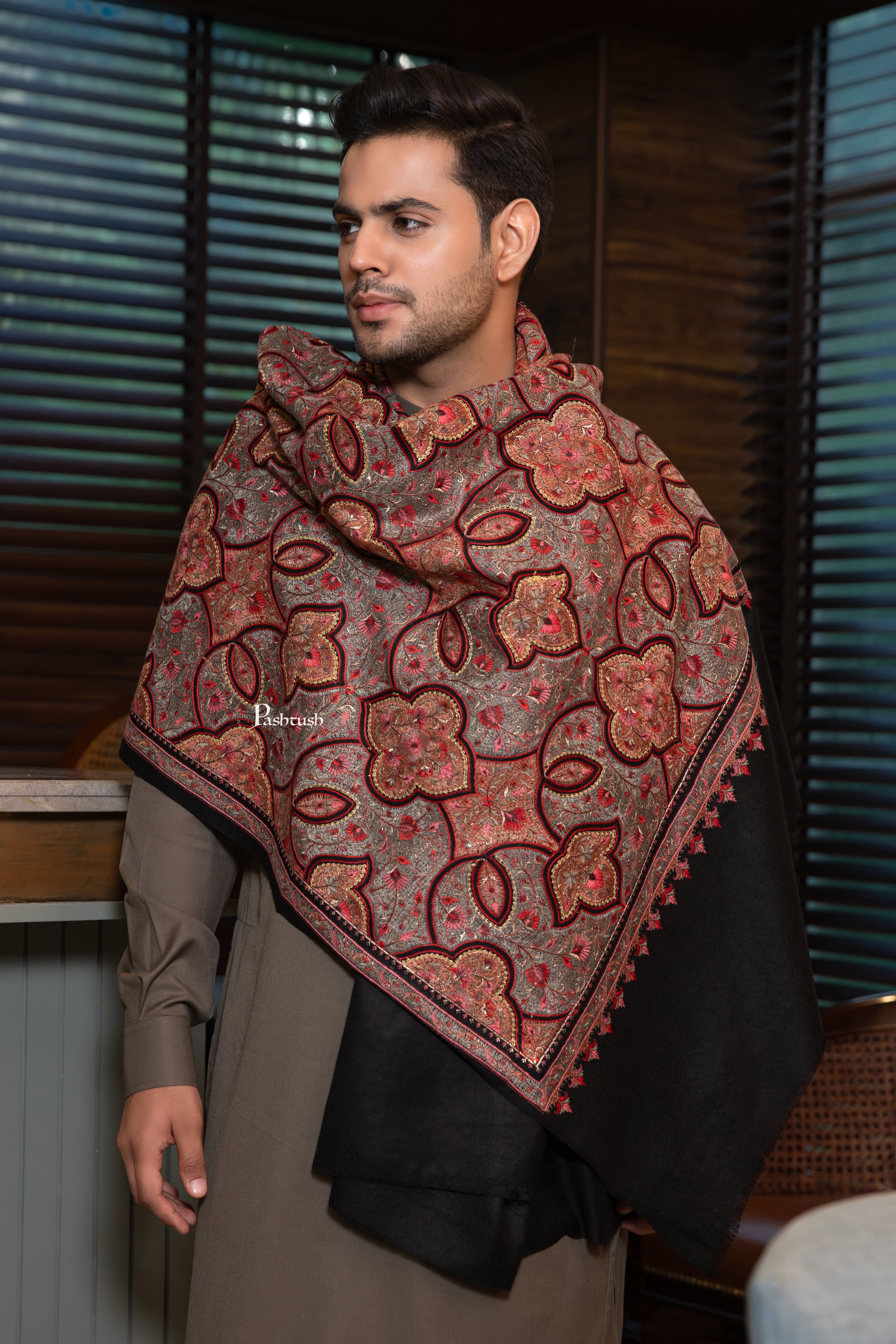 Pashtush Mens Extra Fine Wool Shawl, Nalki Embroidery Design, Black