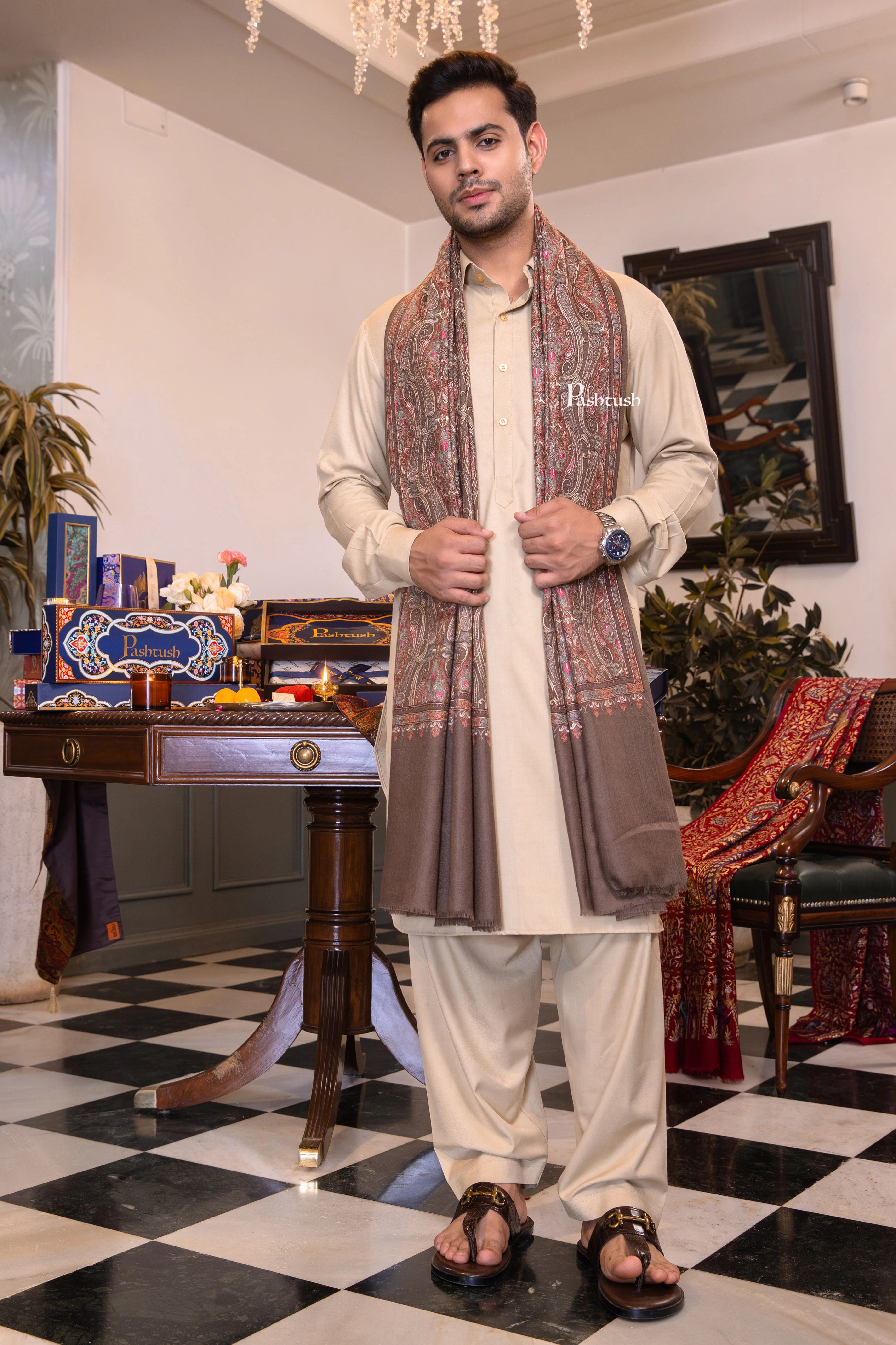 Pashtush Mens Extra Fine Wool Shawl, Paisley Design, Taupe - Image 2
