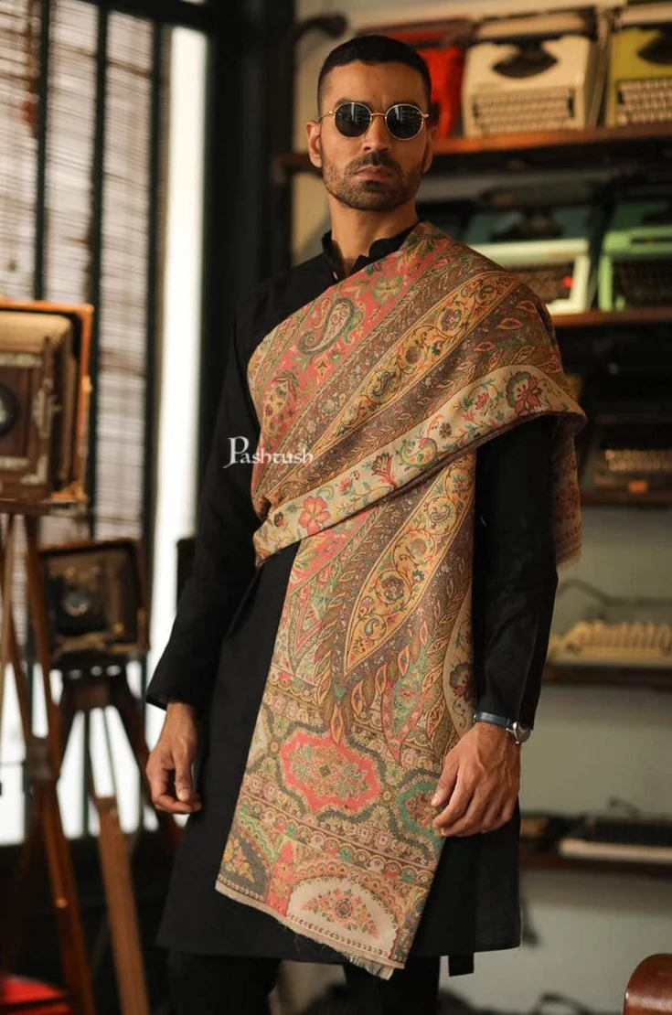 Pashtush Mens Extra Fine Wool Shawl, Paisley Weave Design, Beige