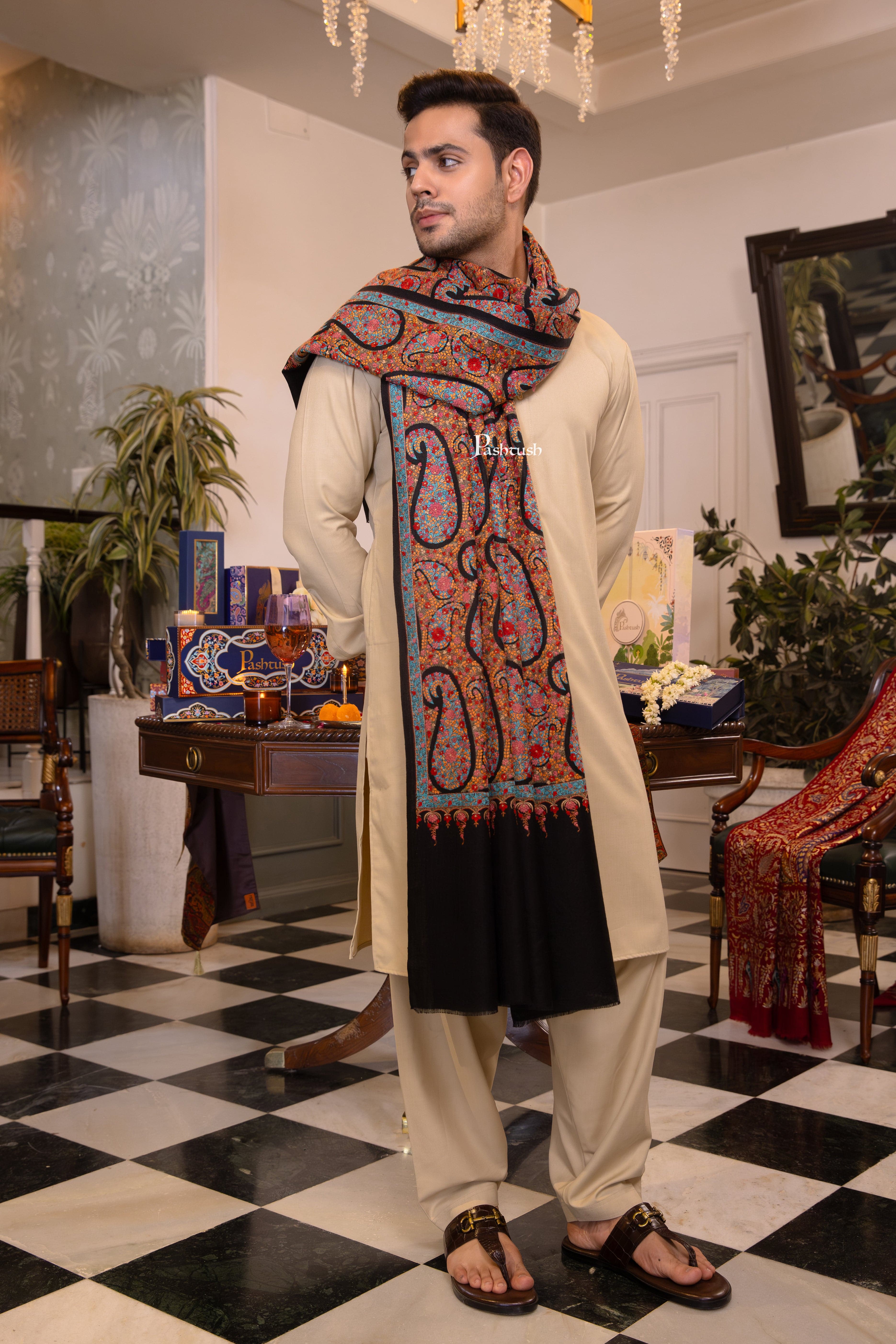 Pashtush Mens Extra Fine Wool Shawl, Papier Mache Design, Black - Image 3
