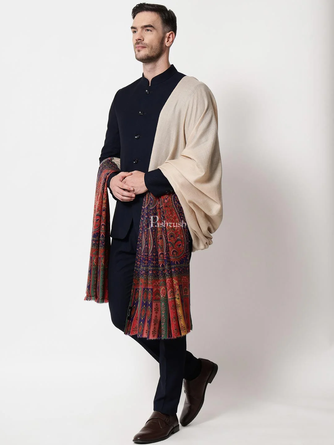 Pashtush mens Extra Fine Wool shawl, Printed Palla design, Multicolour