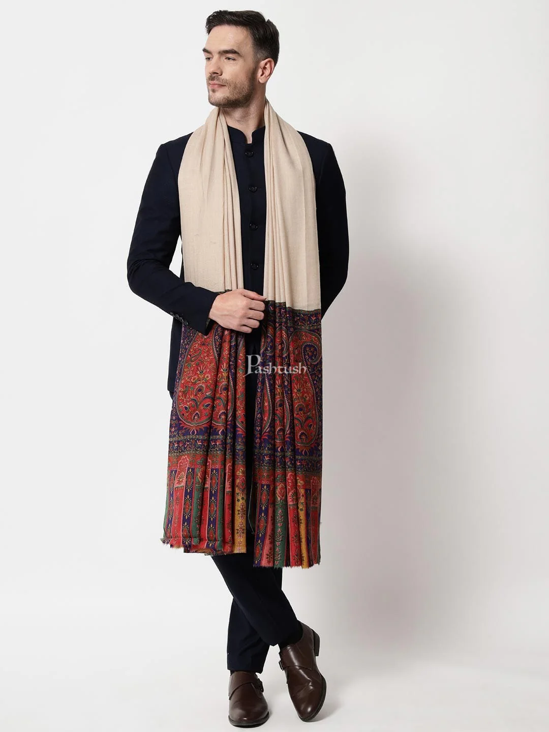 Pashtush mens Extra Fine Wool shawl, Printed Palla design, Multicolour - Image 3
