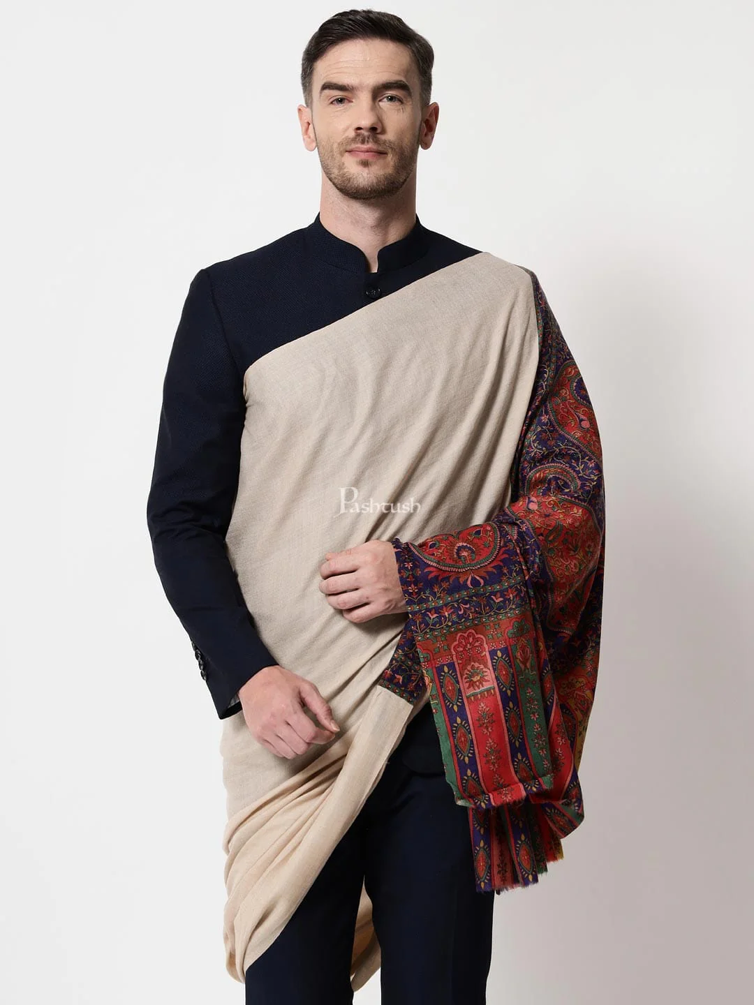Pashtush mens Extra Fine Wool shawl, Printed Palla design, Multicolour - Image 4