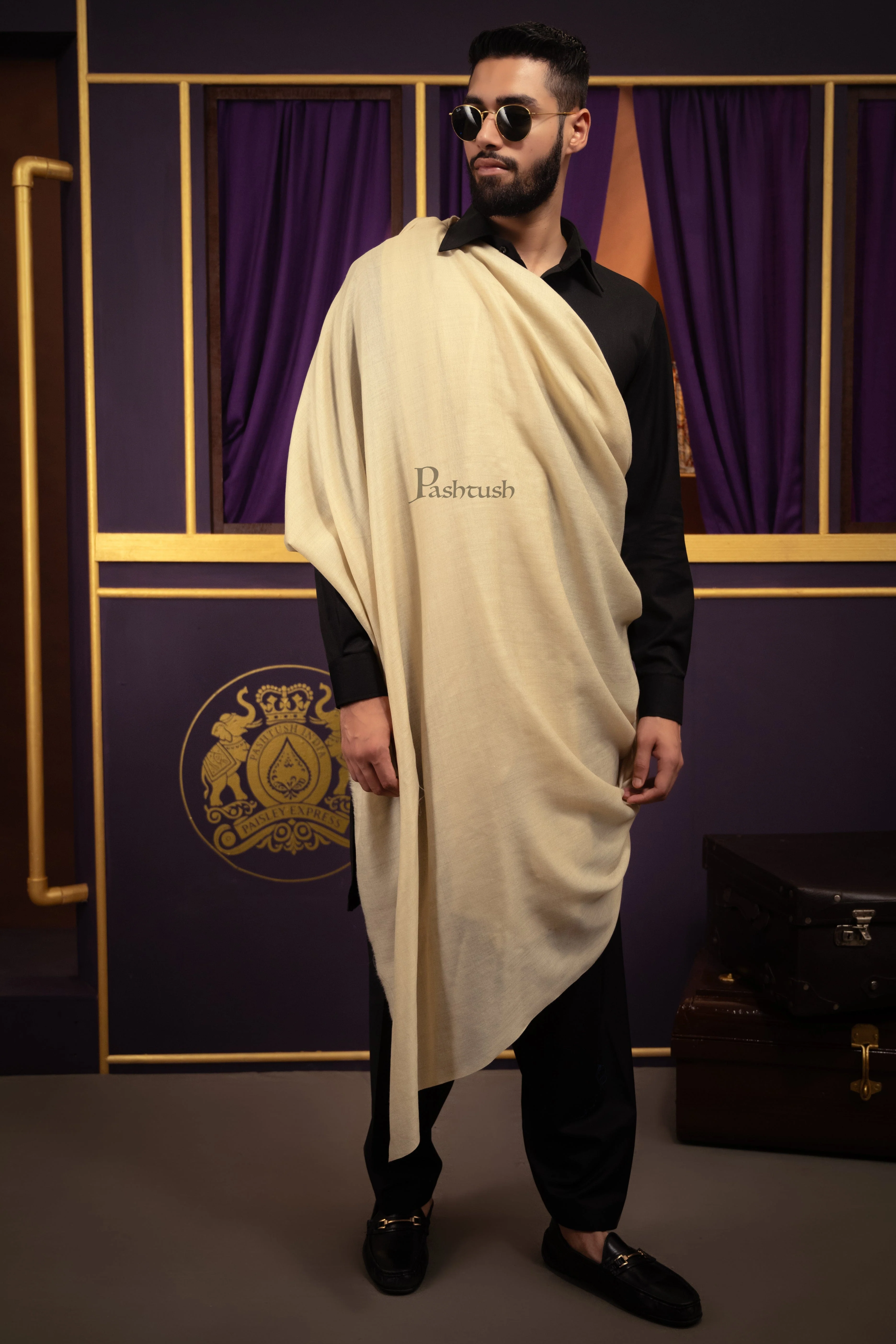 Pashtush Mens Extra Fine Wool Shawl, Solid Weave Design, Light Beige - Image 4