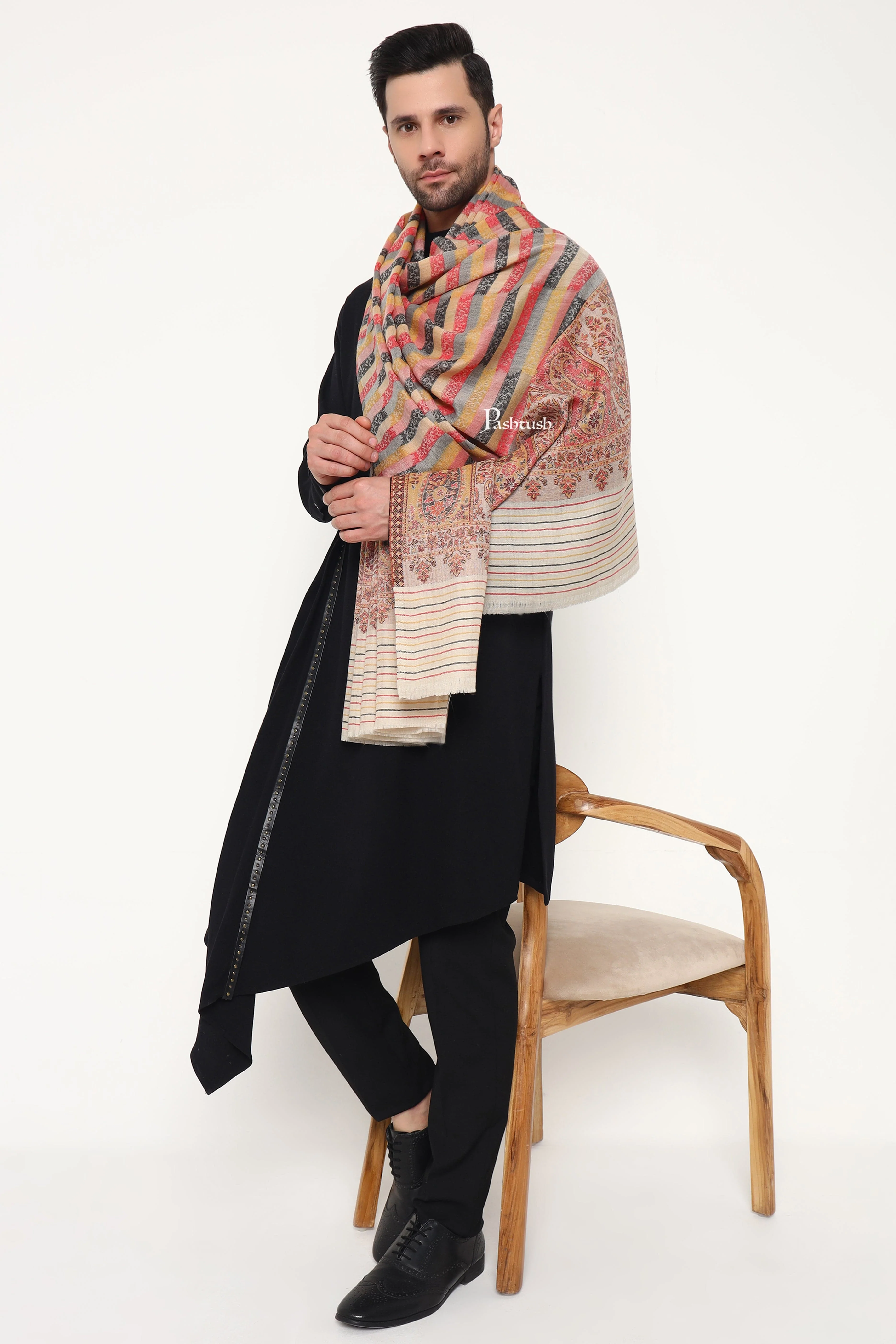 Pashtush Mens Extra Fine Wool Stole, Ambi Palla Design, Beige - Image 8