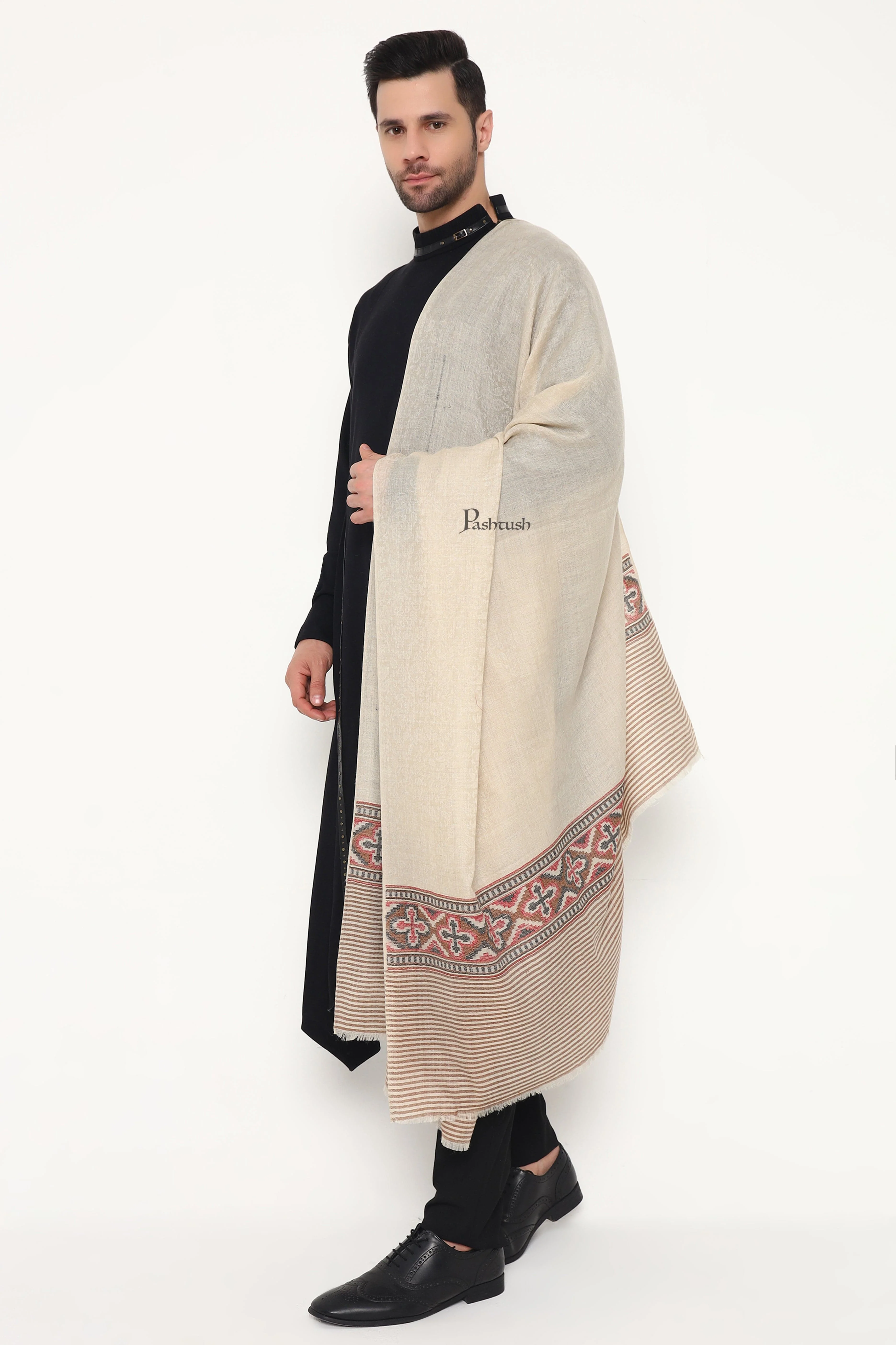 Pashtush Mens Extra Fine Wool Stole, Aztec Weave Design, Beige - Image 3