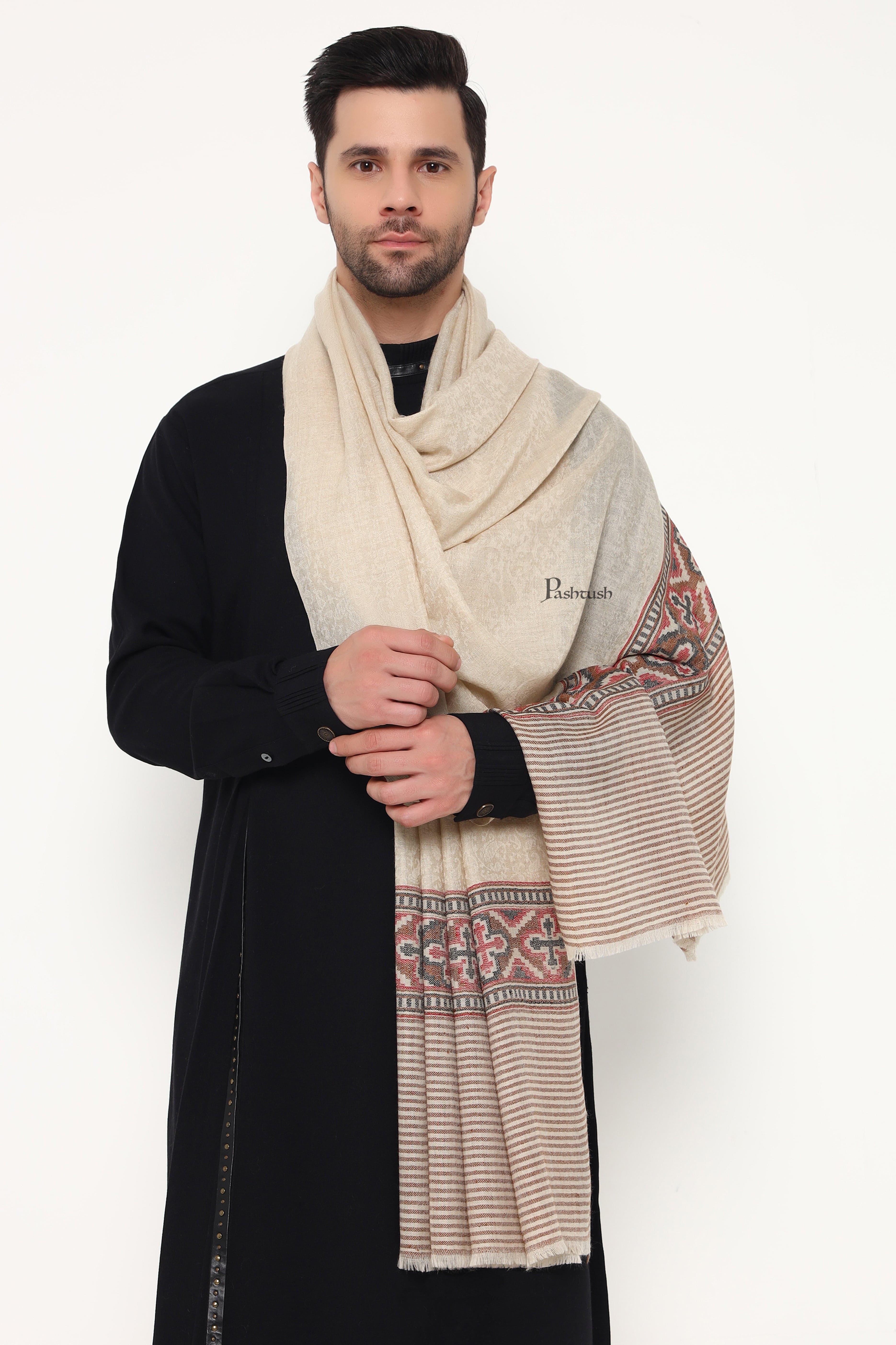 Pashtush Mens Extra Fine Wool Stole, Aztec Weave Design, Beige - Image 4
