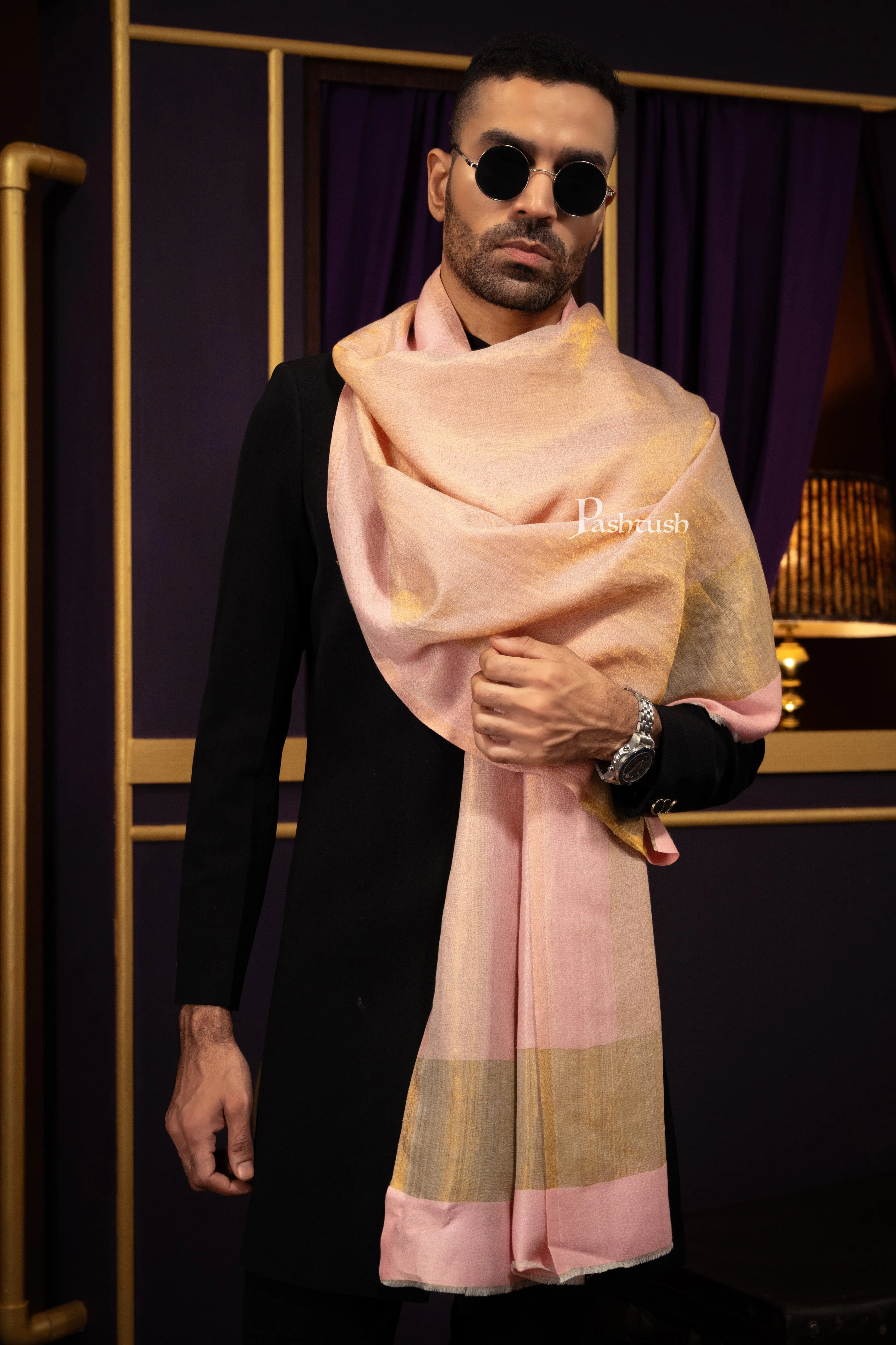 Pashtush Mens Extra Fine Wool Stole, Border Twilight Collection Design, Pink