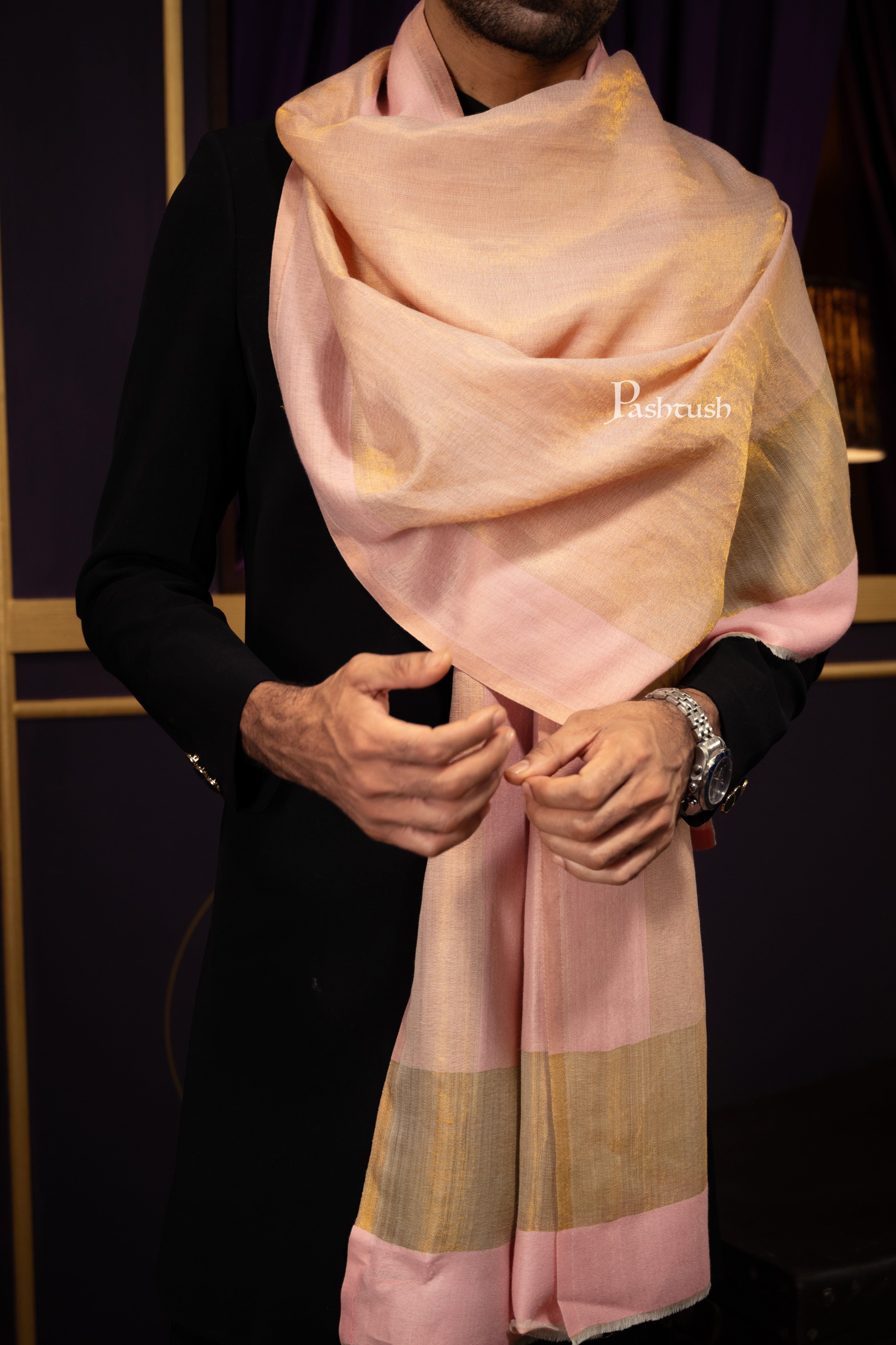 Pashtush Mens Extra Fine Wool Stole, Border Twilight Collection Design, Pink - Image 2