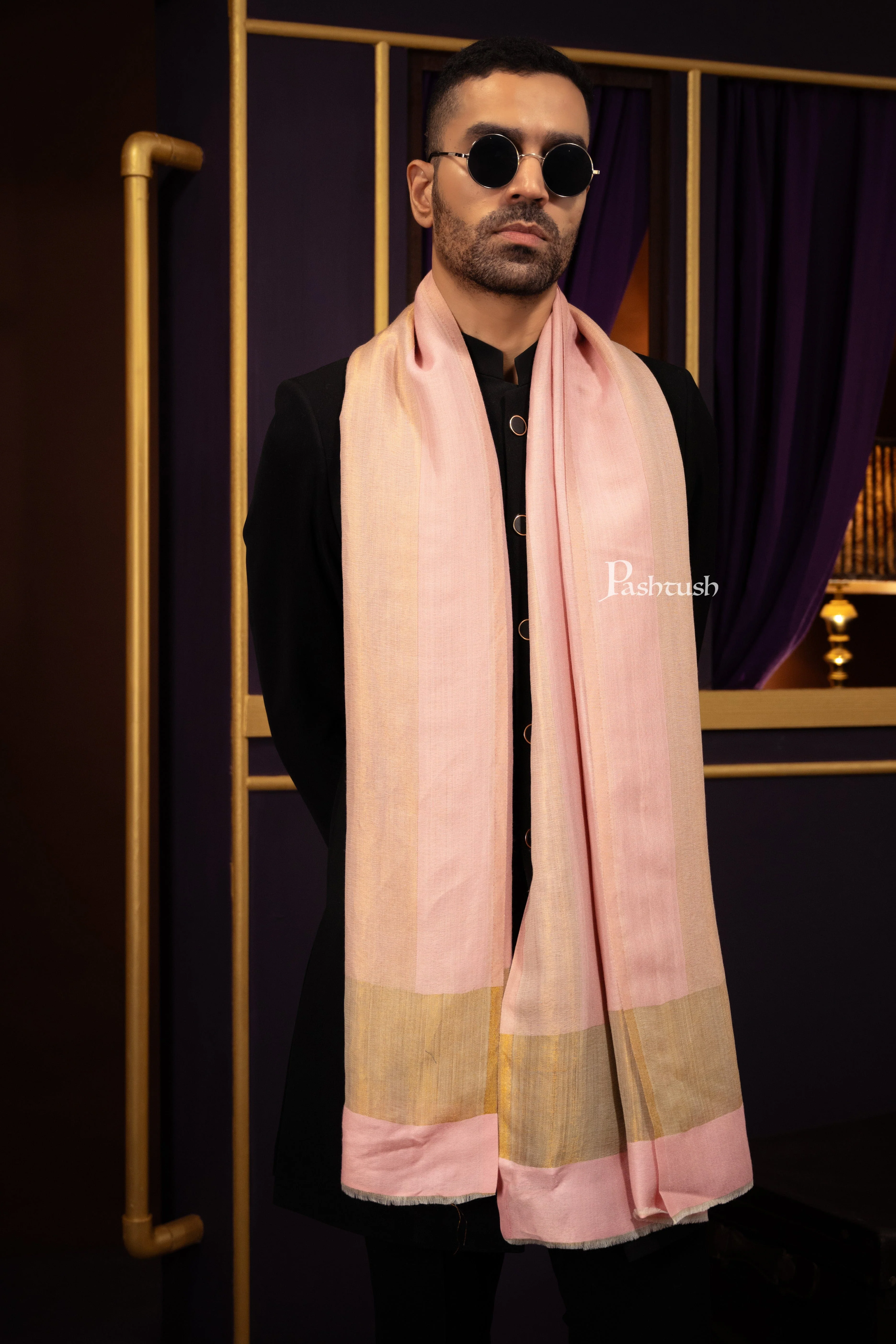 Pashtush Mens Extra Fine Wool Stole, Border Twilight Collection Design, Pink - Image 3