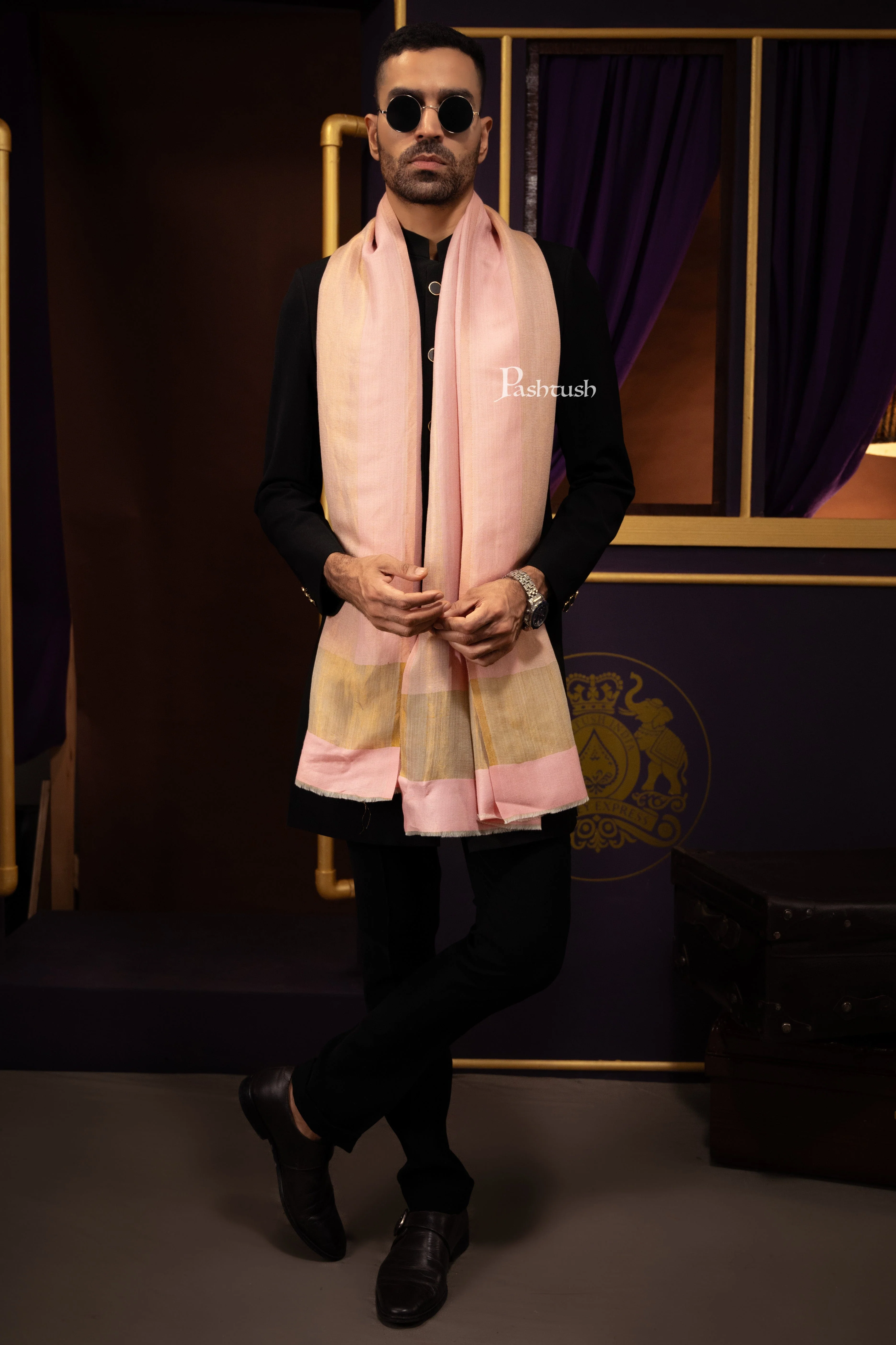 Pashtush Mens Extra Fine Wool Stole, Border Twilight Collection Design, Pink - Image 4