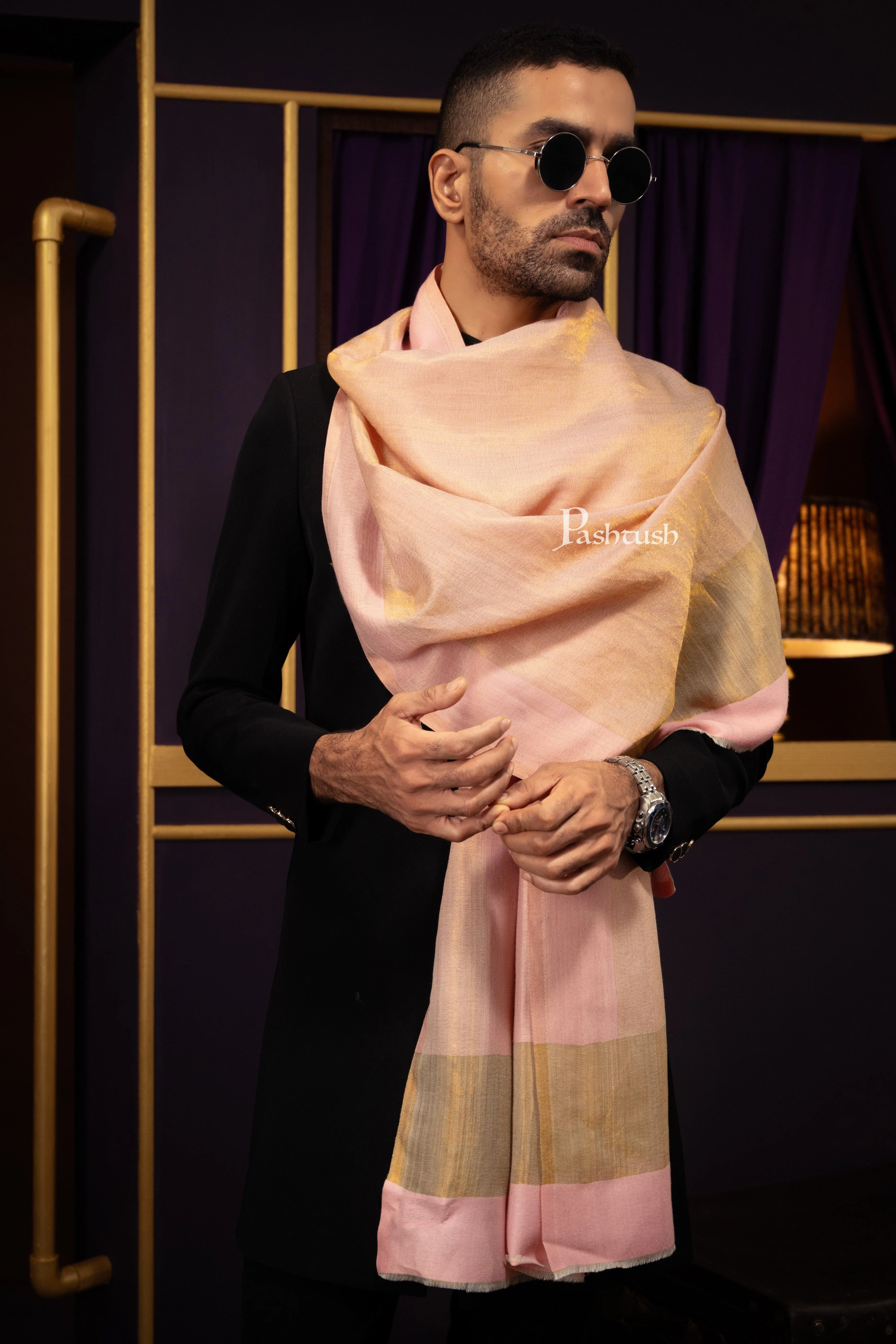Pashtush Mens Extra Fine Wool Stole, Border Twilight Collection Design, Pink - Image 5