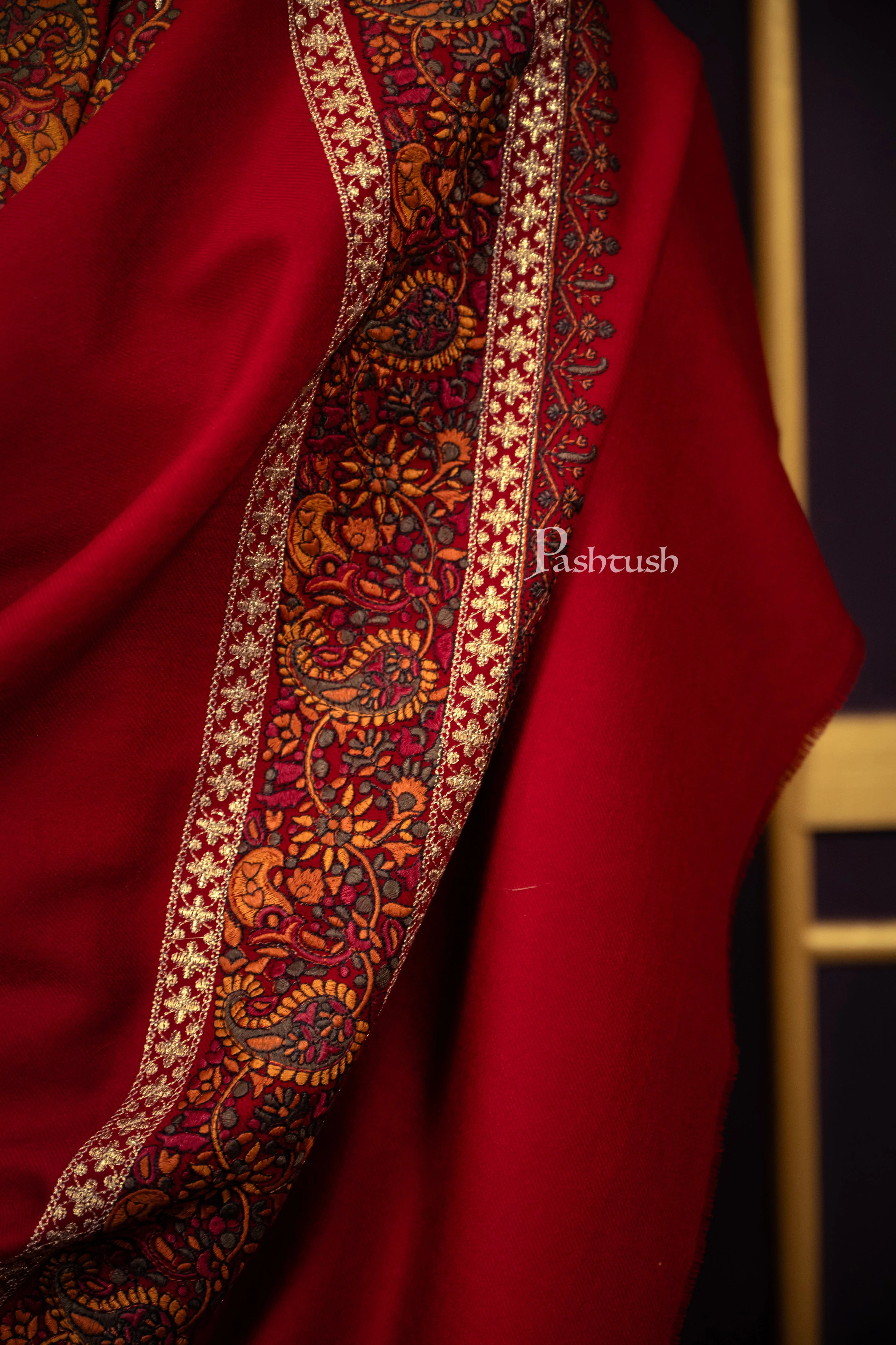 Pashtush Mens Extra Fine Wool Stole, Challa Daur With Metallic Detailing Design, Maroon - Image 2