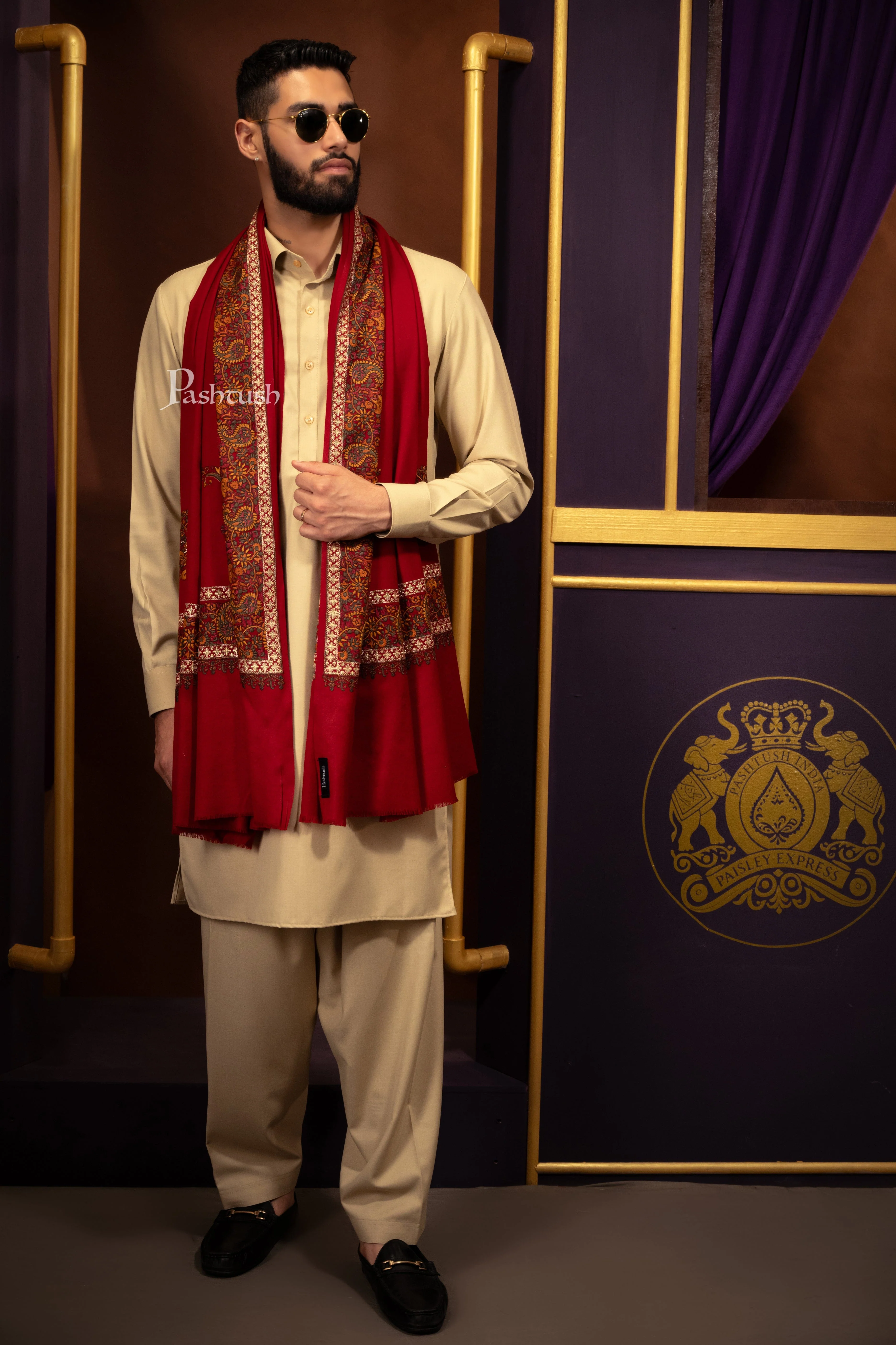Pashtush Mens Extra Fine Wool Stole, Challa Daur With Metallic Detailing Design, Maroon - Image 3