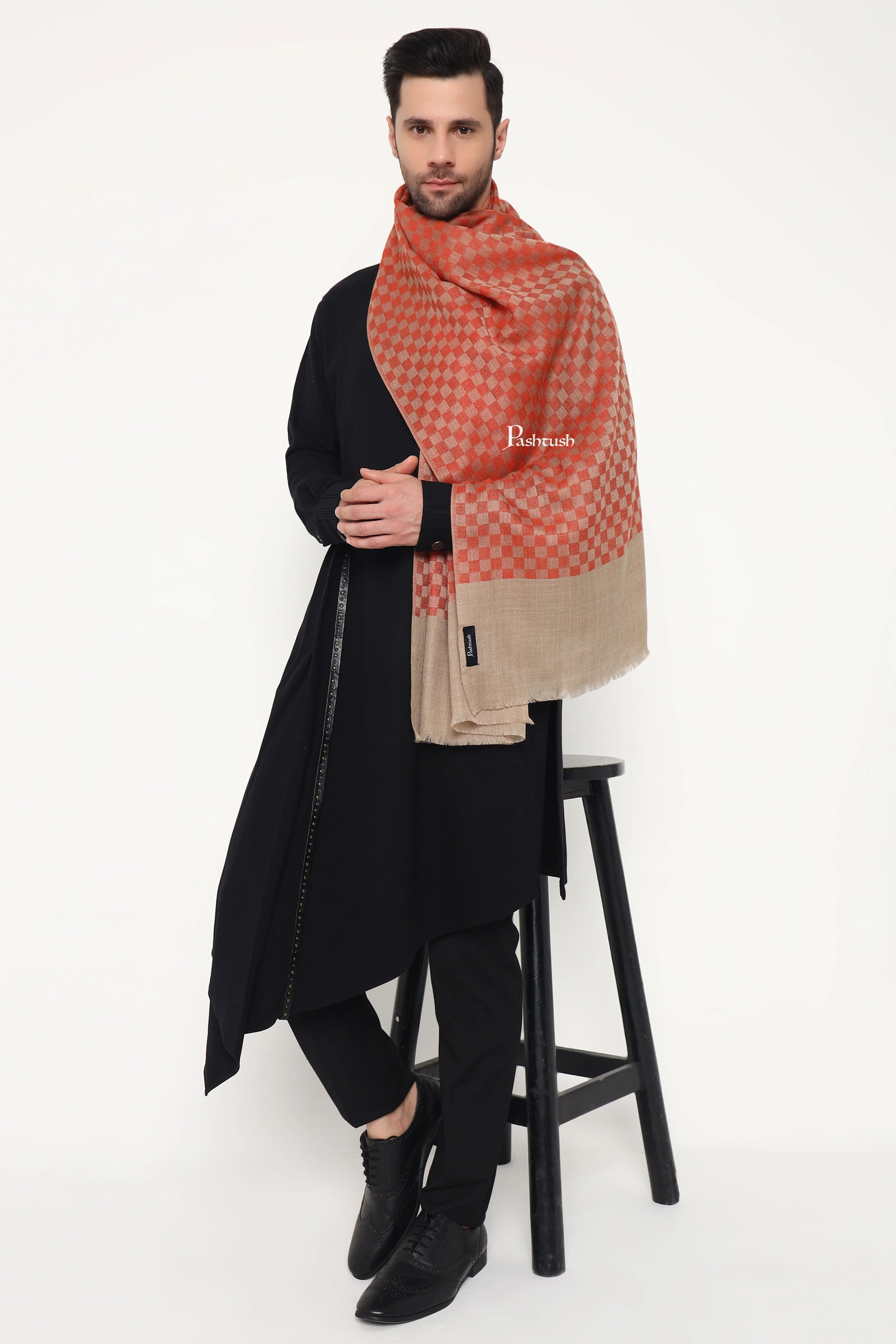 Pashtush Mens Extra Fine Wool Stole, Checkerd Design, Orange - Image 8