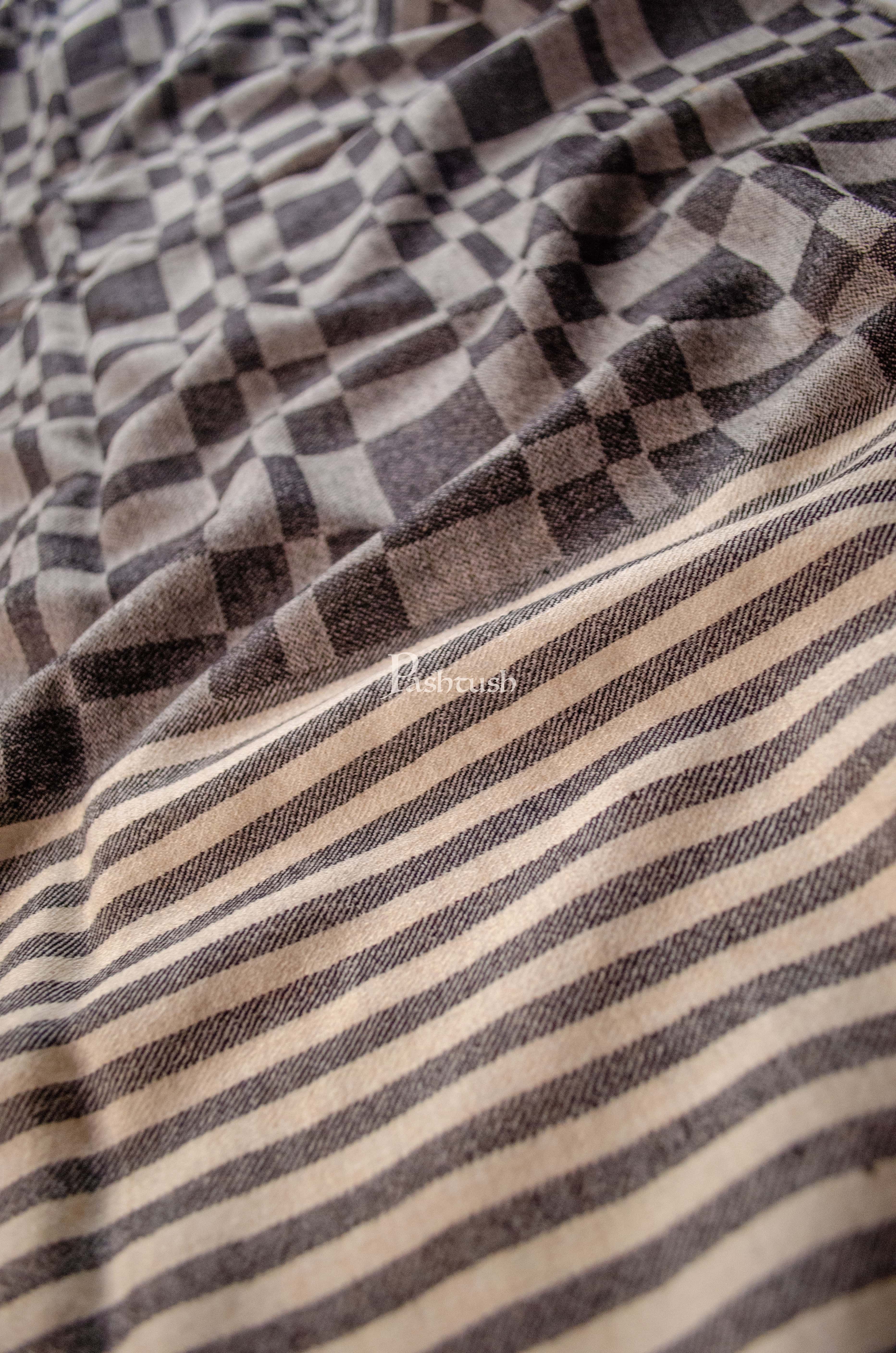 Pashtush Mens Extra Fine Wool stole, Checkered design, Black - Image 3