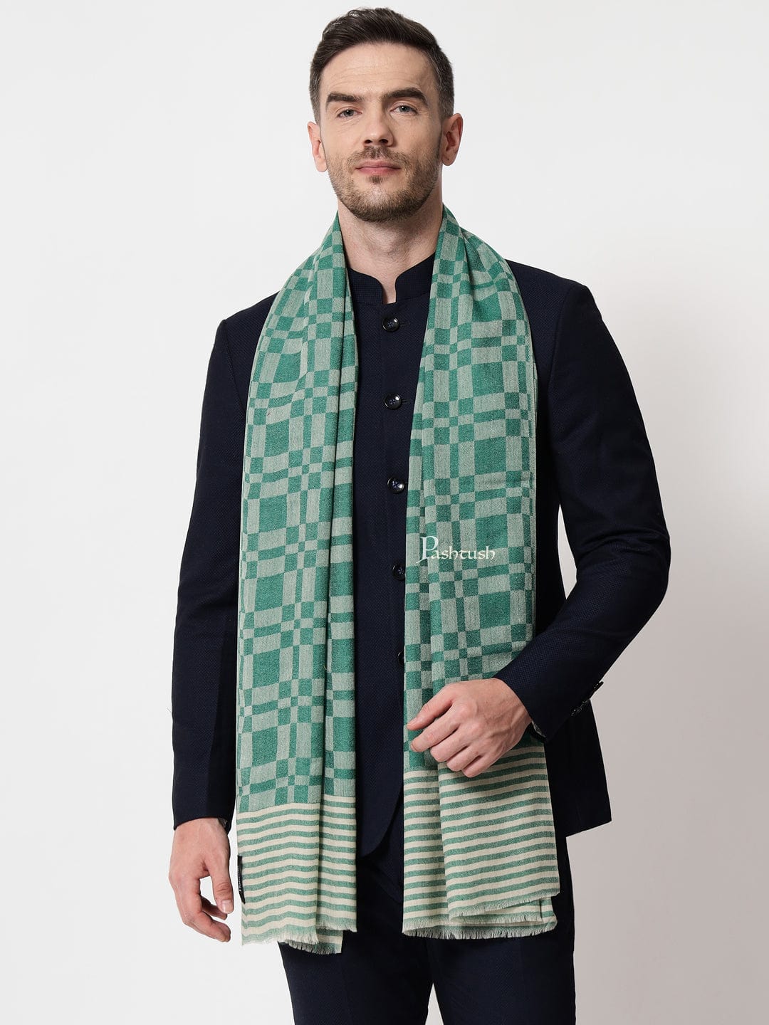Pashtush mens Extra Fine Wool stole, checkered design, Green