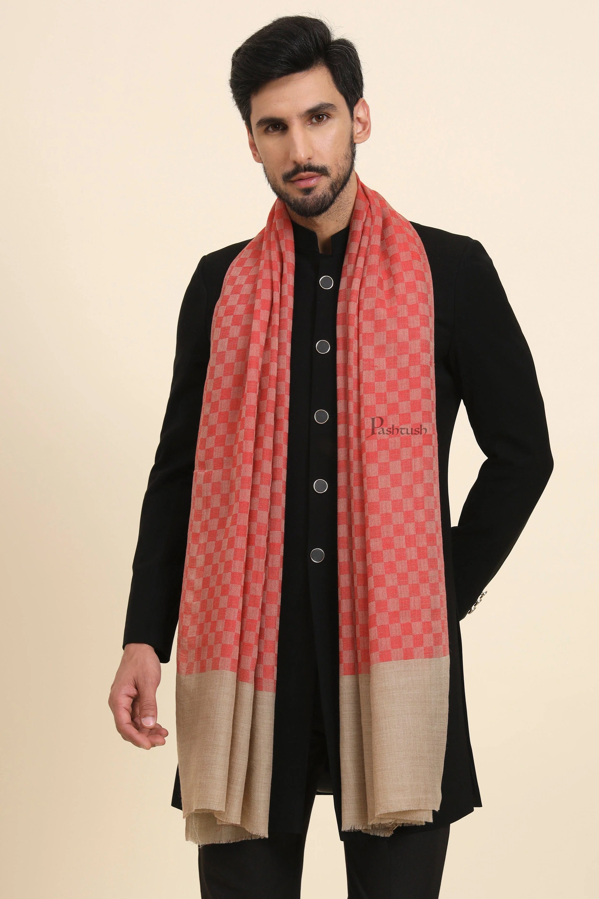 Pashtush Mens Extra Fine Wool Stole, Checkered Design, Red - Image 4