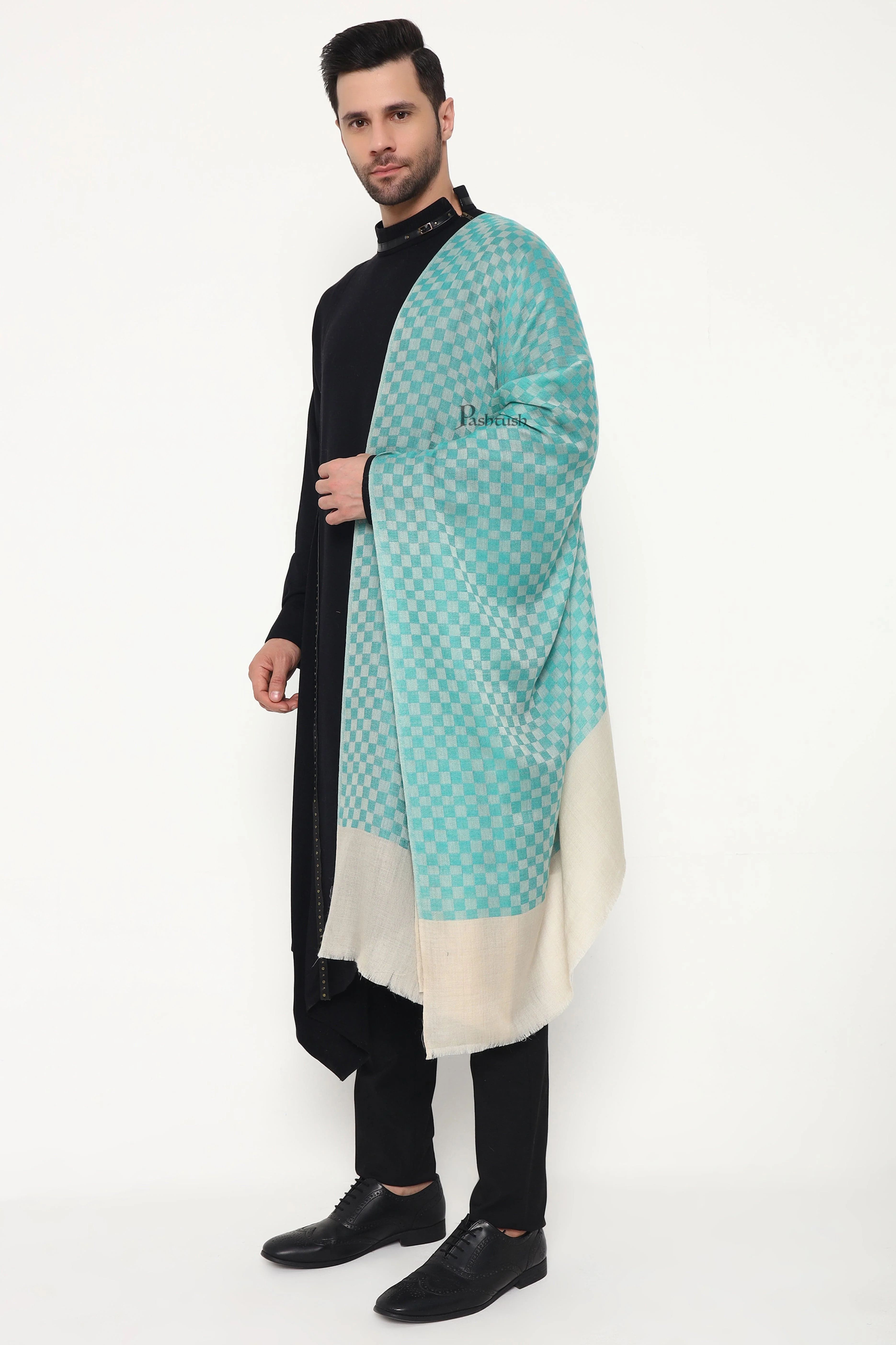 Pashtush Mens Extra Fine Wool Stole, Checkered Design, Sea green