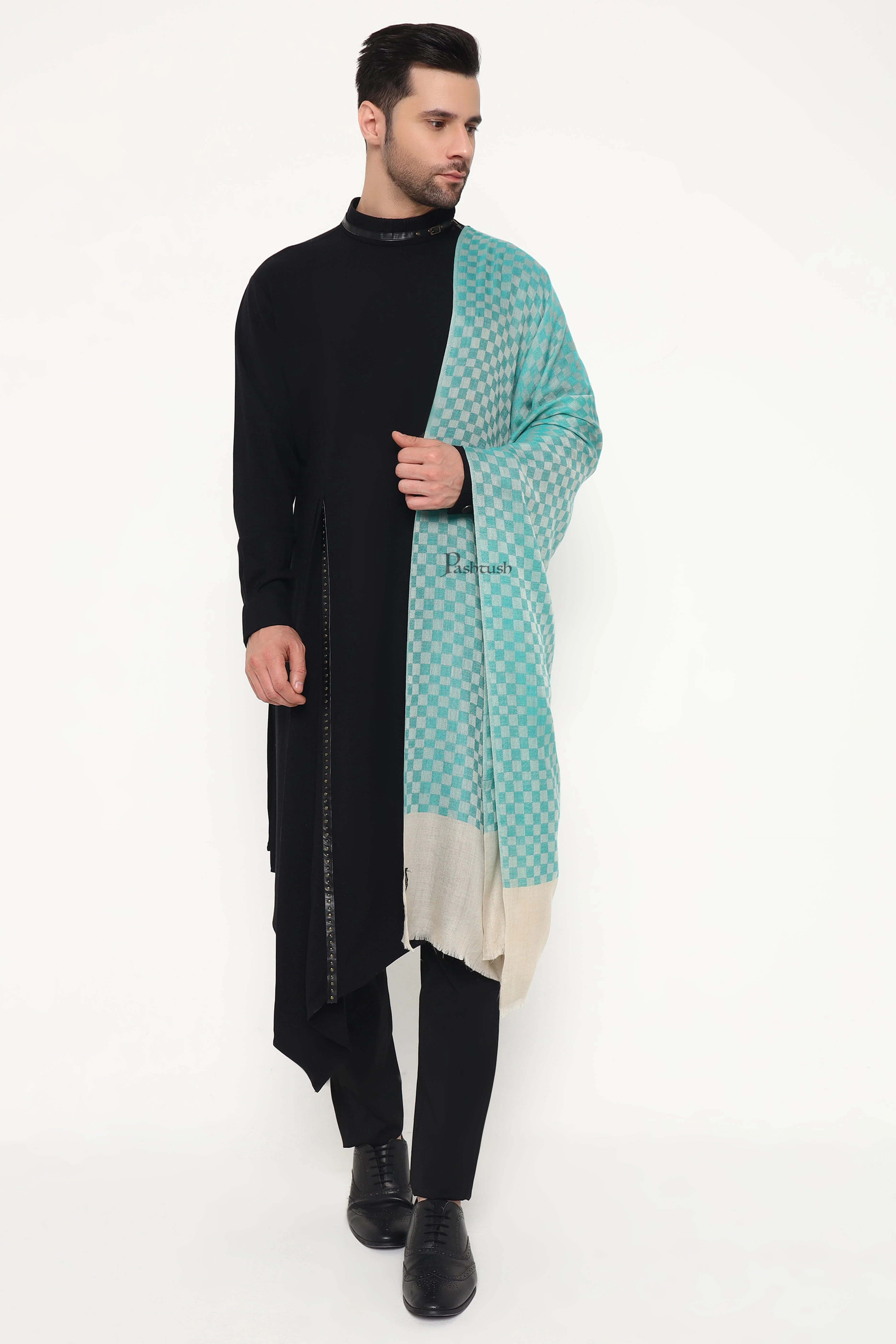 Pashtush Mens Extra Fine Wool Stole, Checkered Design, Sea green - Image 7