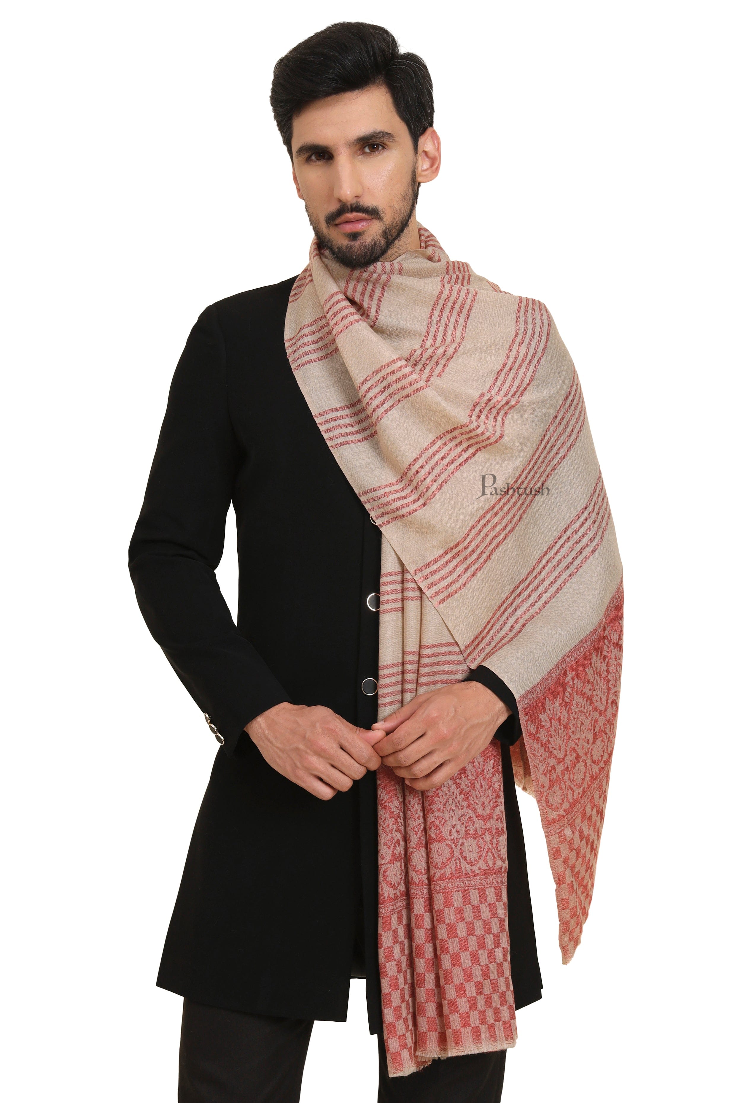 Pashtush Mens Extra Fine Wool Stole, Checkered Palla With Striped Design, Beige And Maroon - Image 6