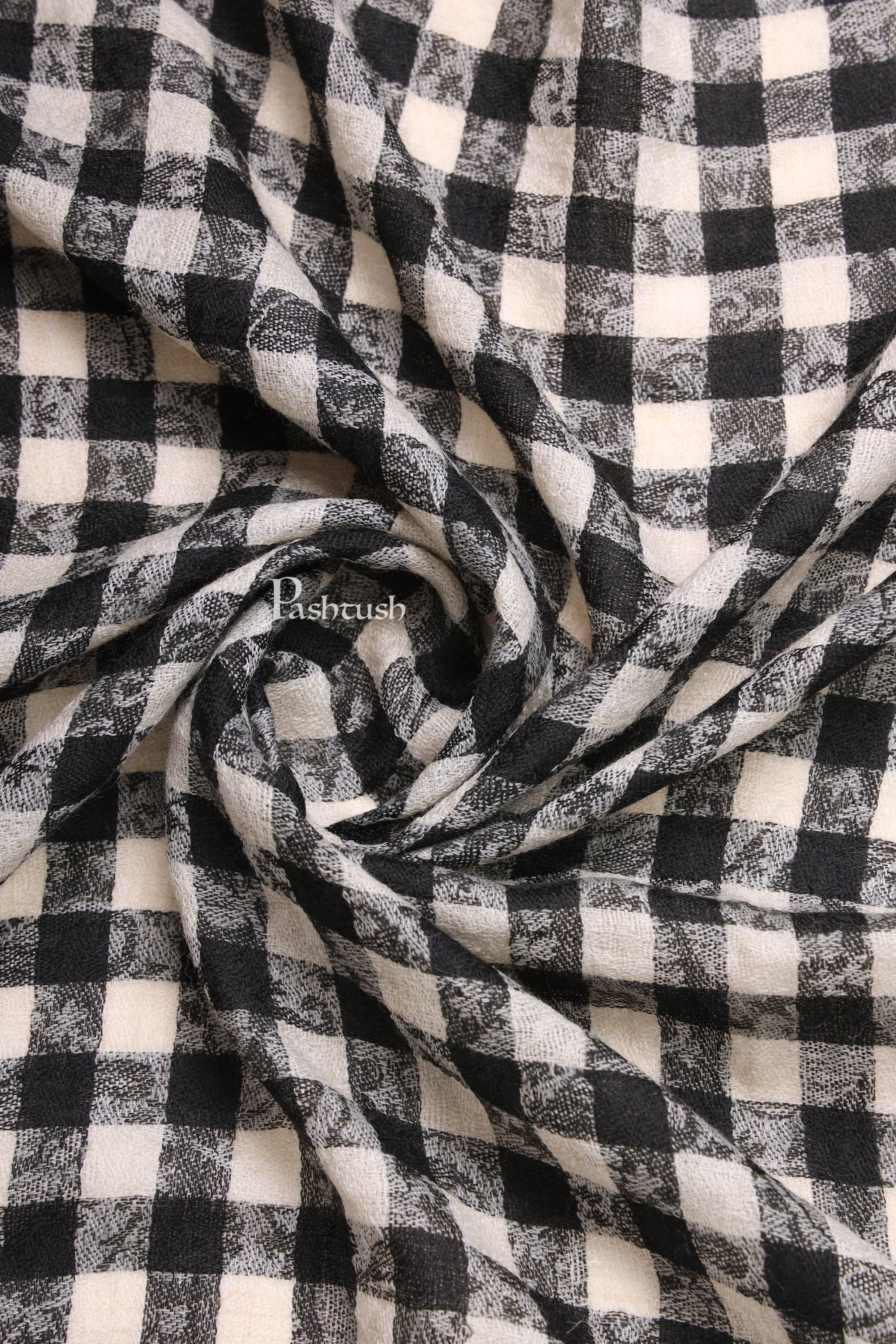 Pashtush Mens Extra Fine Wool Stole, Checkered Weave Design, Black - Image 3