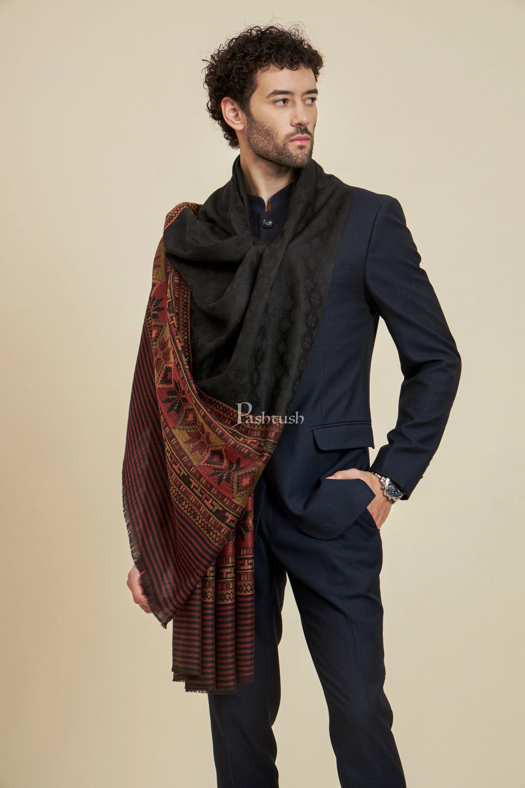 Pashtush Mens Extra Fine Wool Stole,  Design, Black - Image 3
