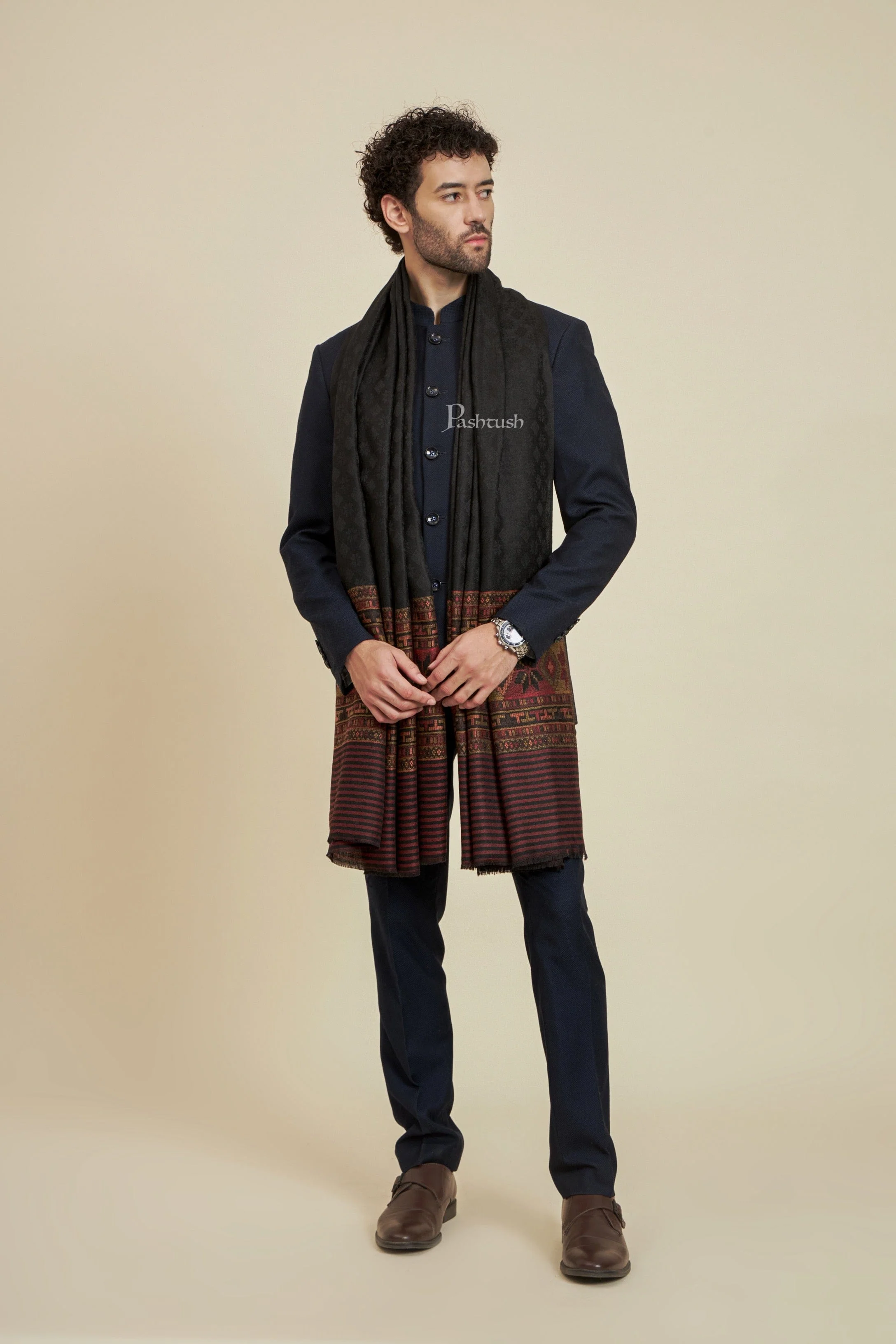 Pashtush Mens Extra Fine Wool Stole,  Design, Black - Image 6
