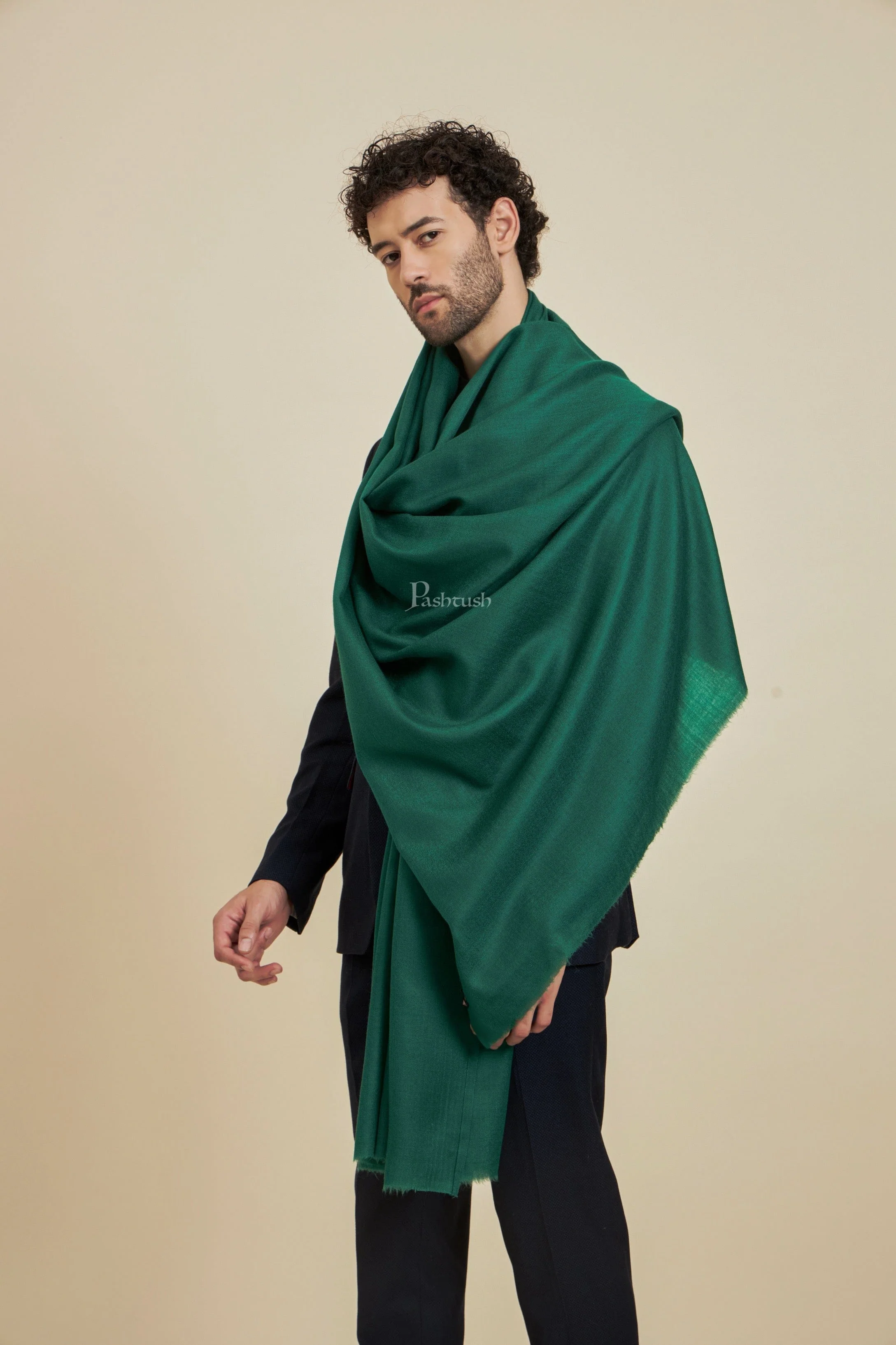 Pashtush Mens Extra Fine Wool Stole,  Design, Bottle Green