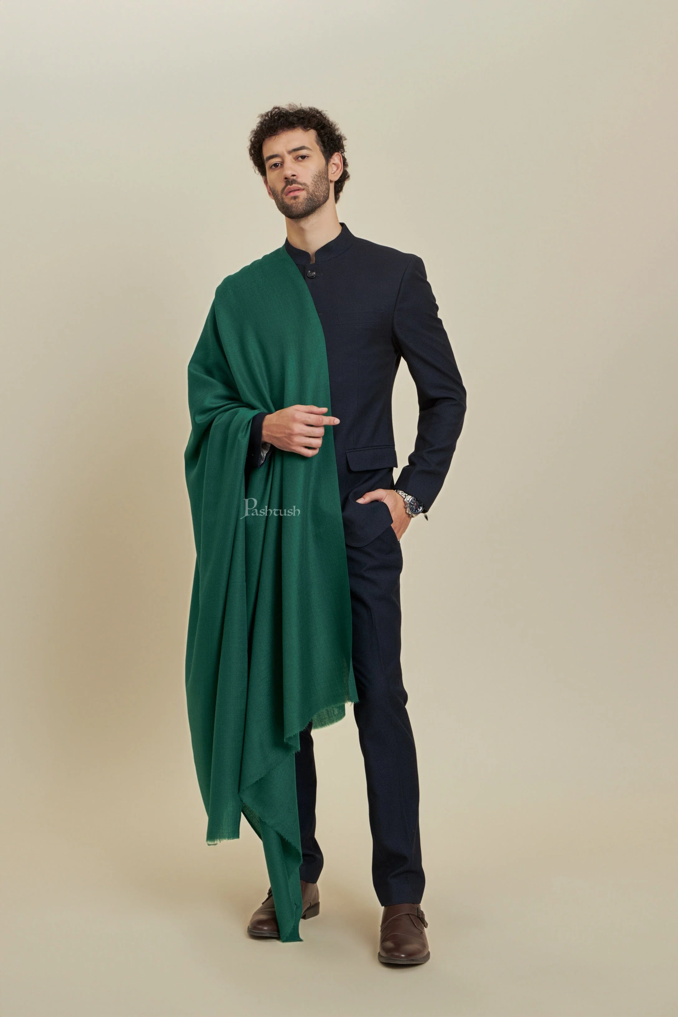 Pashtush Mens Extra Fine Wool Stole,  Design, Bottle Green - Image 4