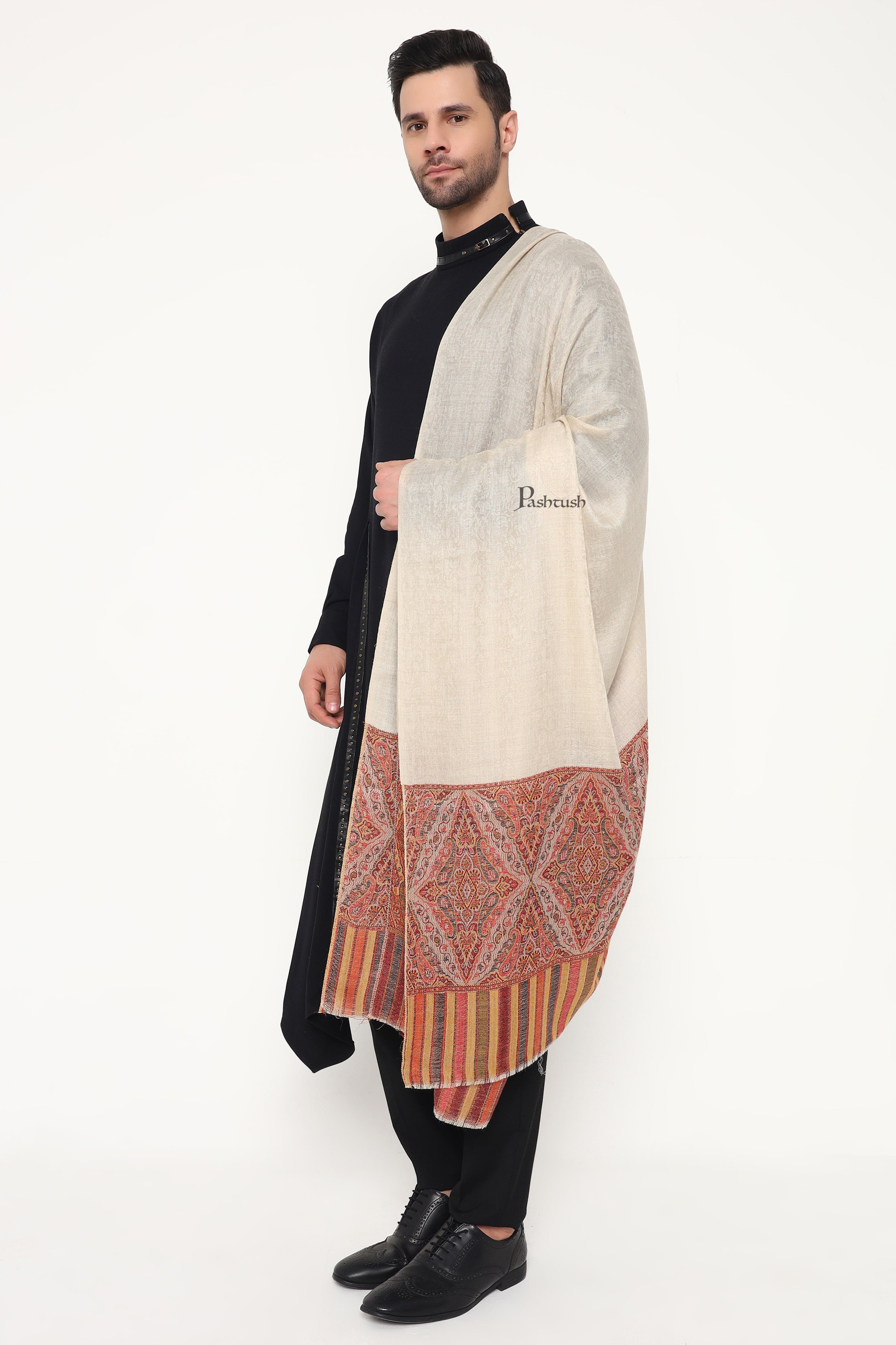 Pashtush Mens Extra Fine Wool Stole, Ethnic Weave Design, Beige