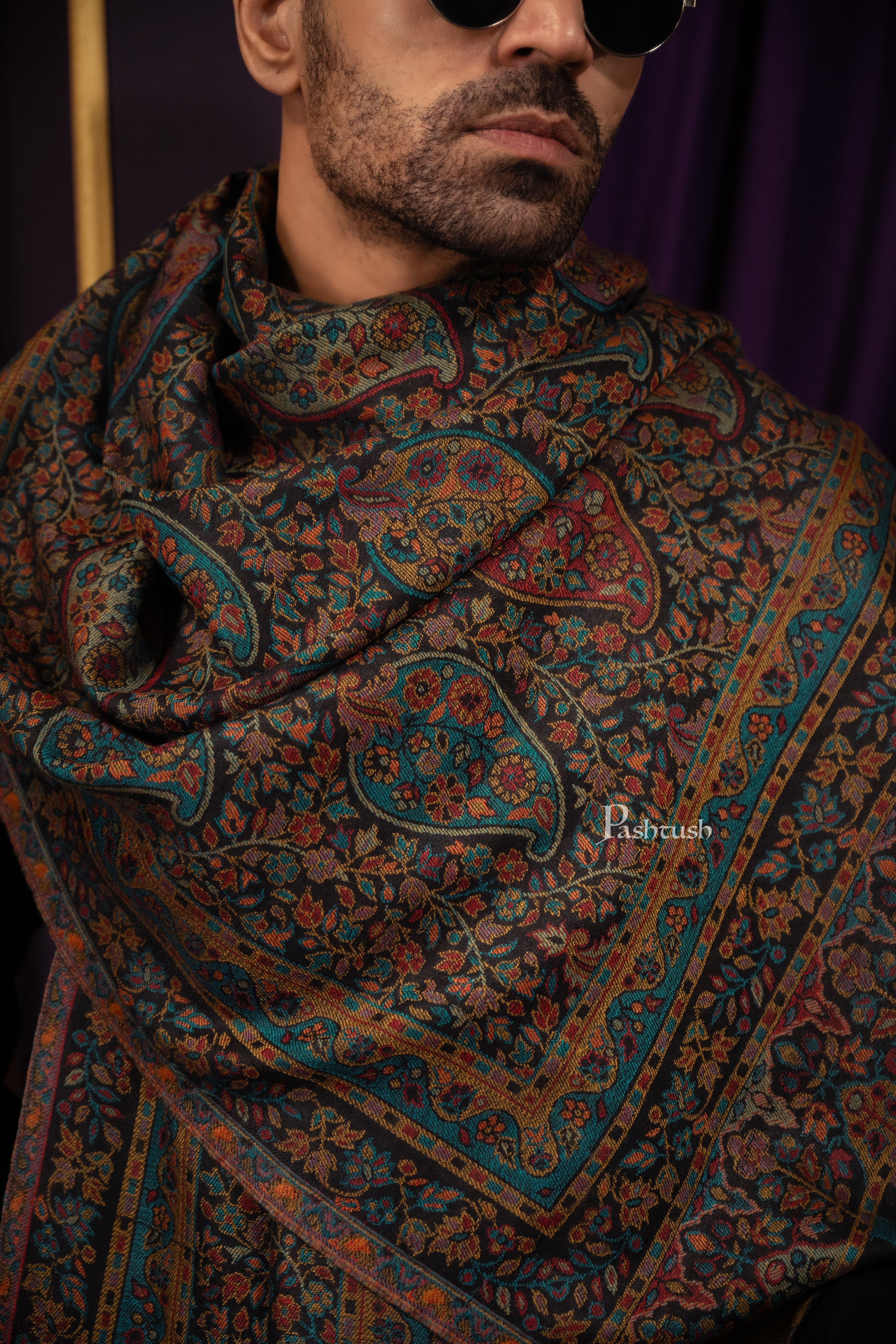 Pashtush Mens Extra Fine Wool Stole, Ethnic Weave Design, Black - Image 2