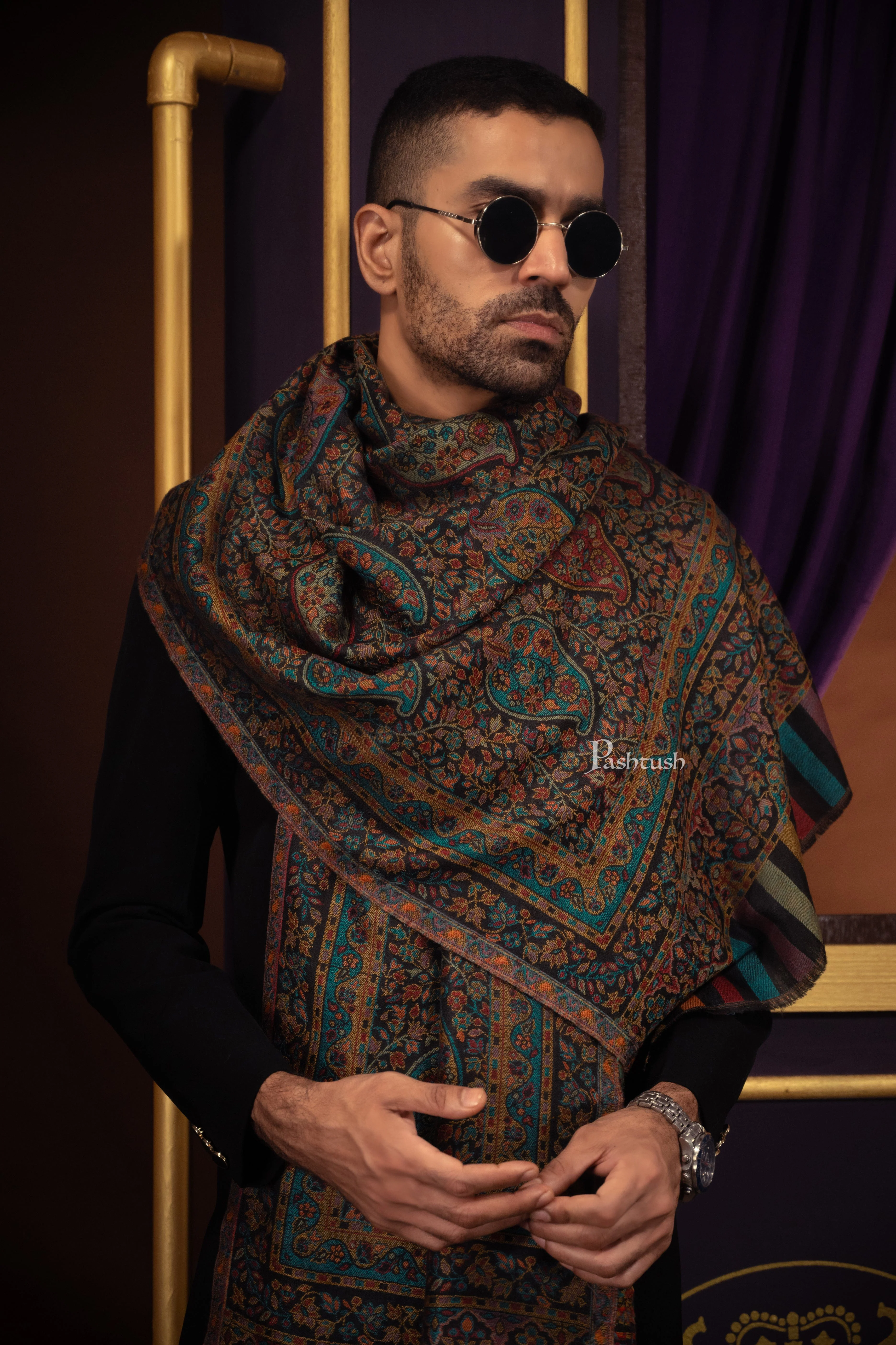 Pashtush Mens Extra Fine Wool Stole, Ethnic Weave Design, Black - Image 3