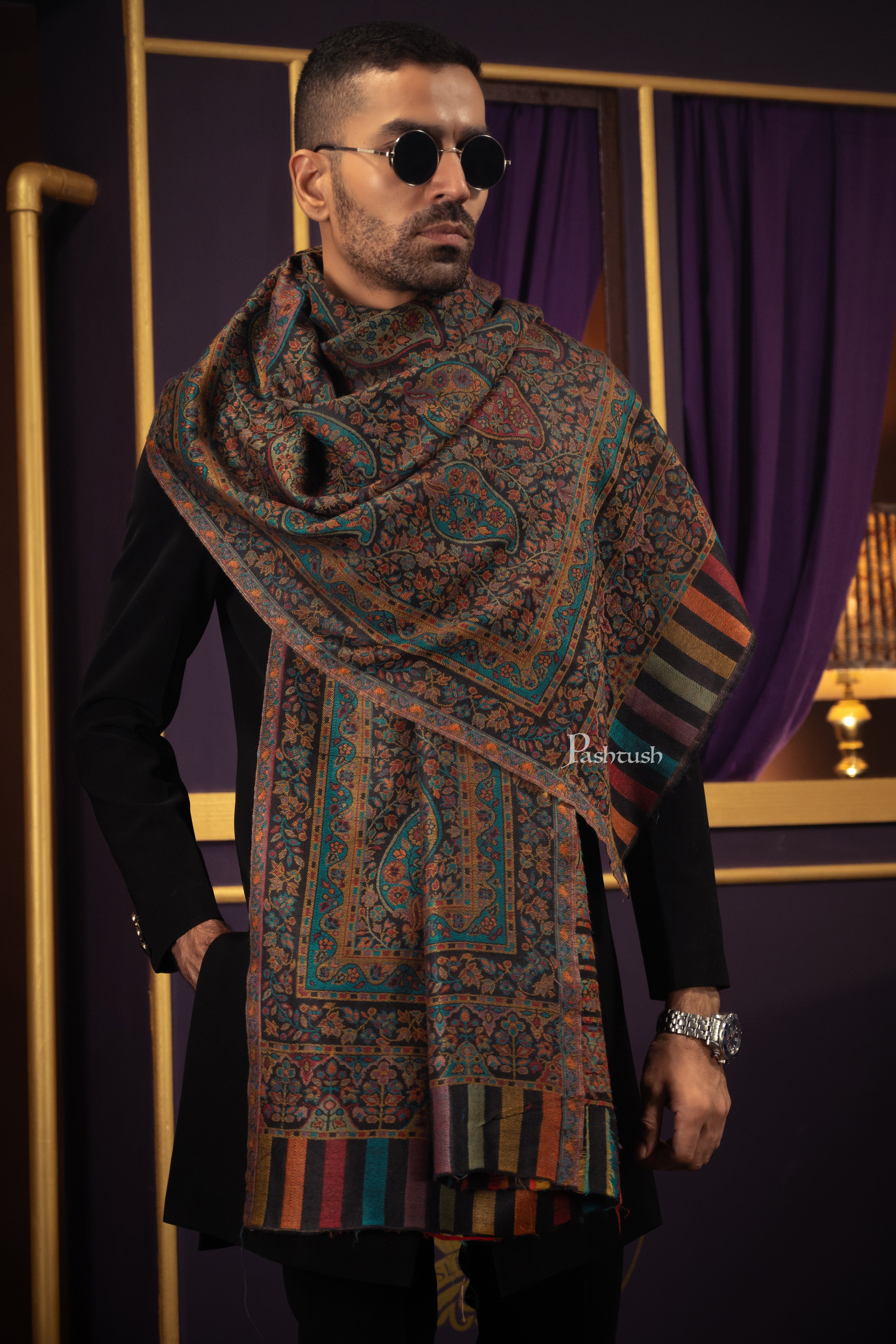 Pashtush Mens Extra Fine Wool Stole, Ethnic Weave Design, Black - Image 4