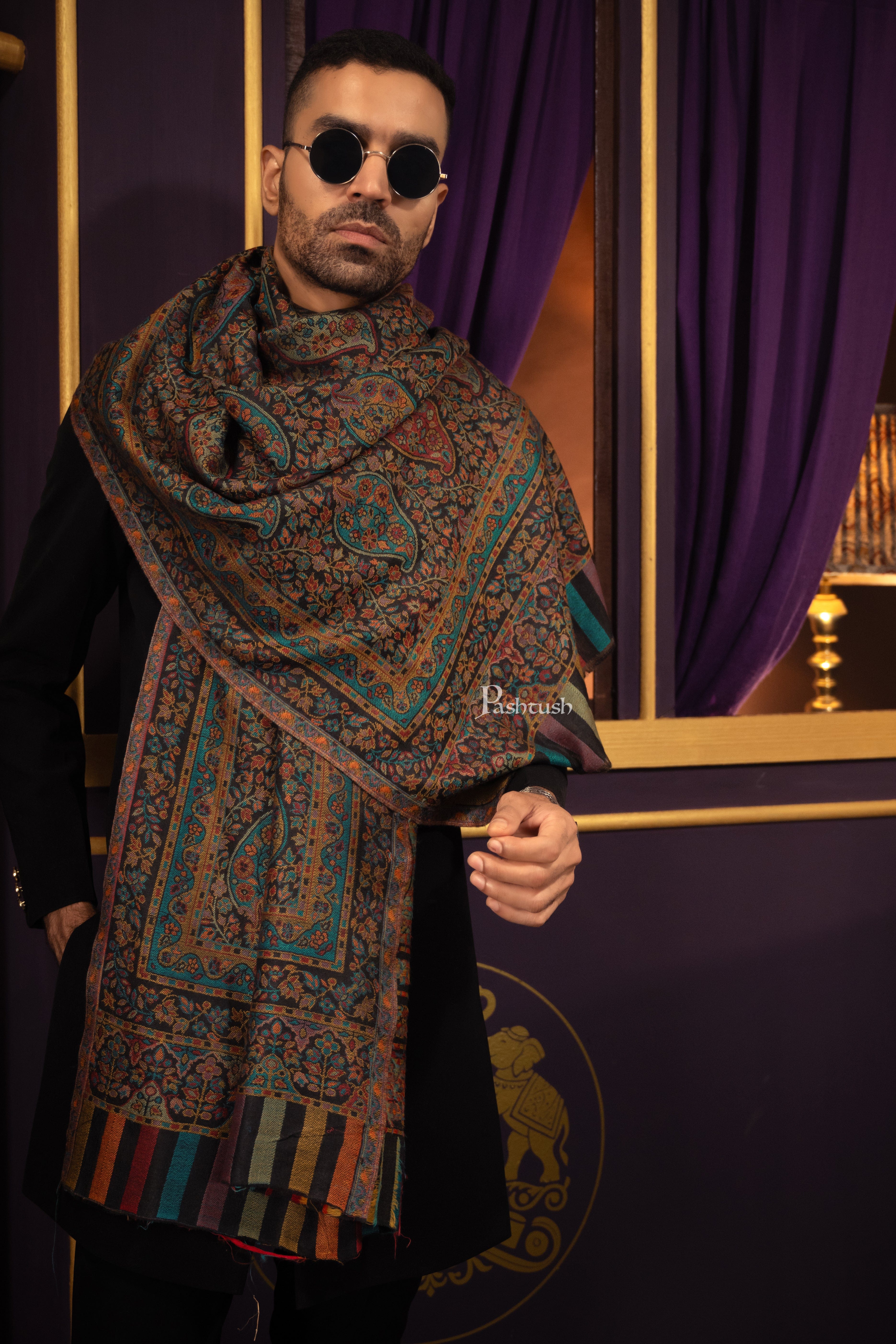 Pashtush Mens Extra Fine Wool Stole, Ethnic Weave Design, Black - Image 5