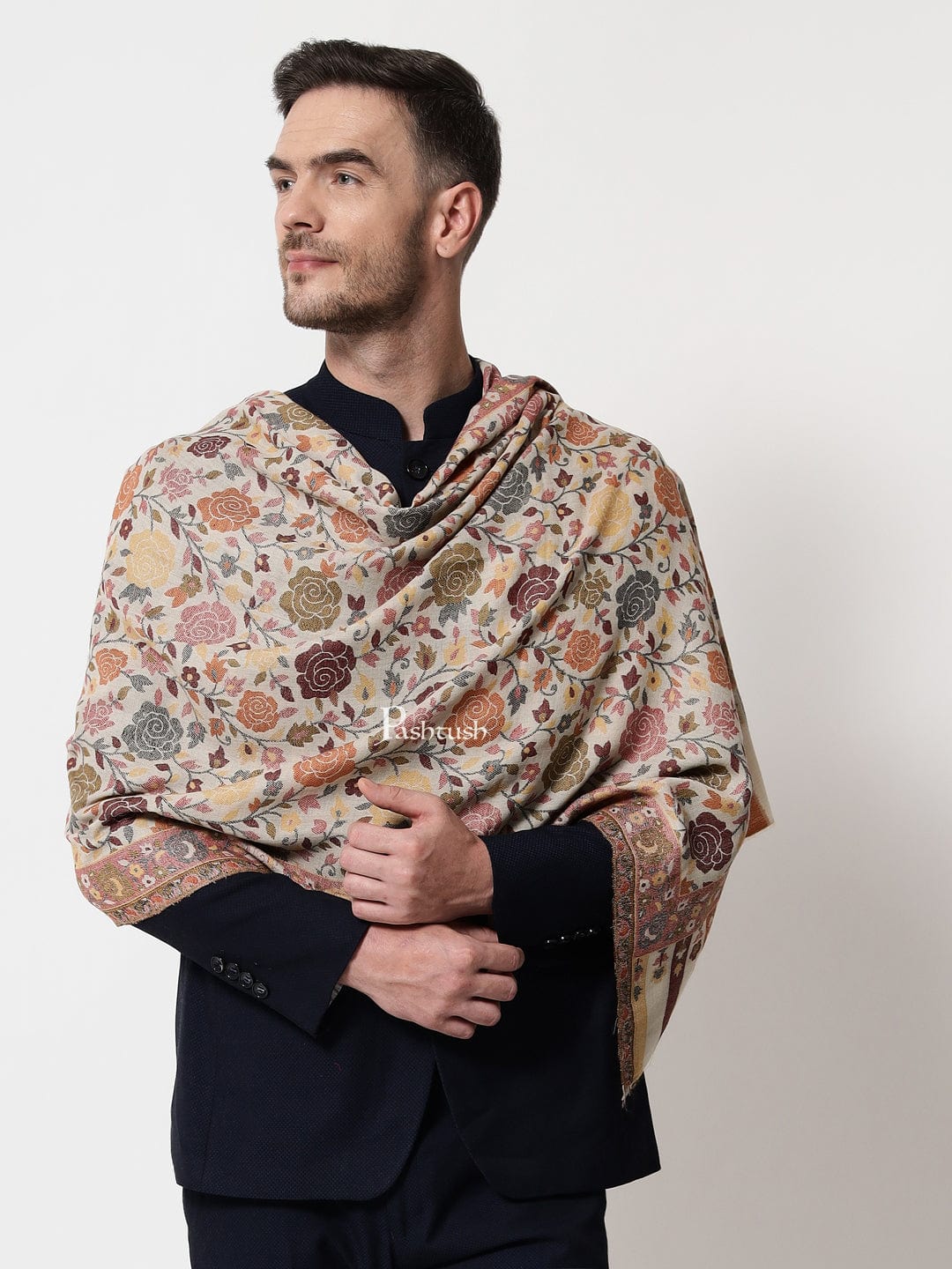 Pashtush mens Extra Fine Wool stole, floral design, Multicolour - Image 4