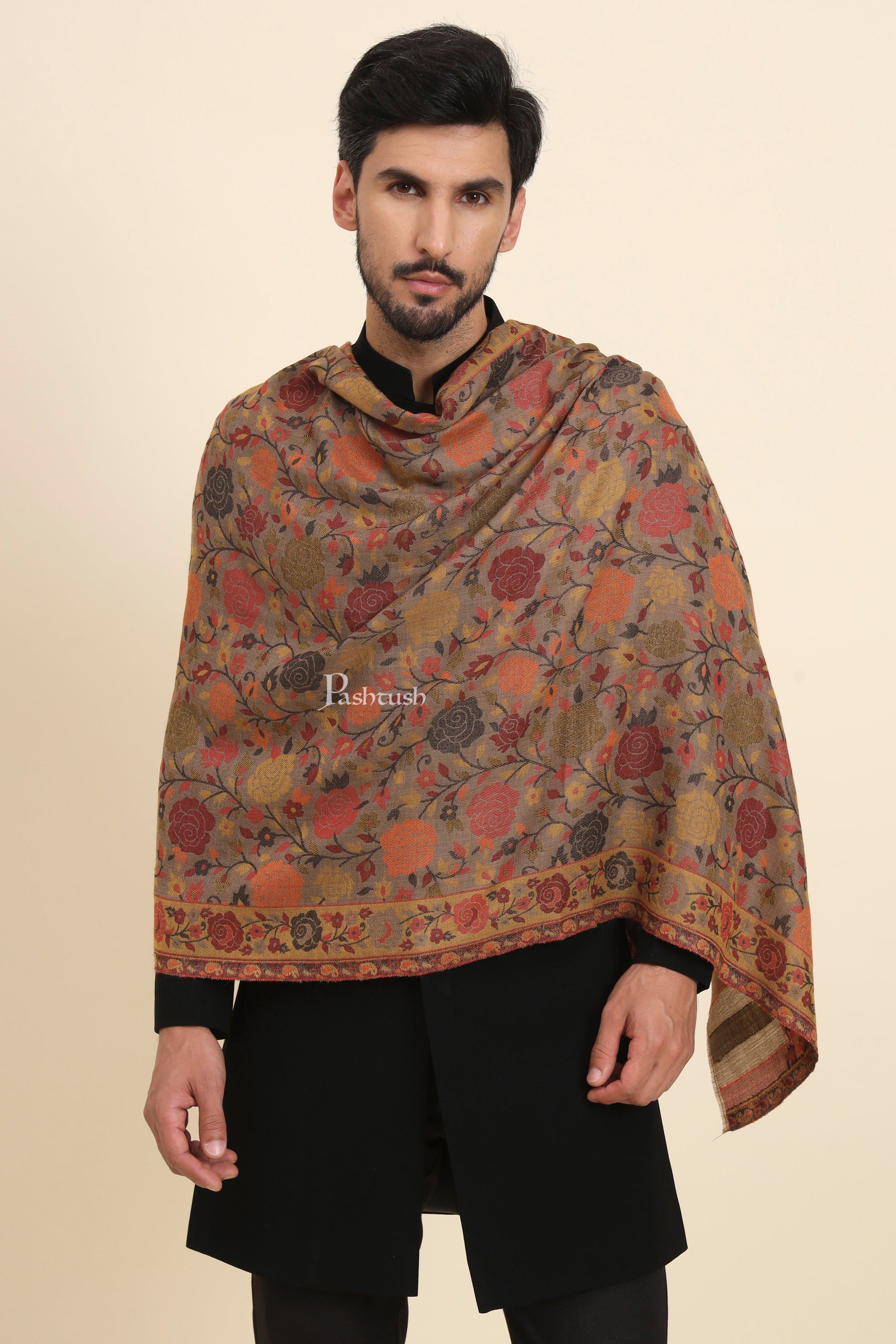 Pashtush Mens Extra Fine Wool Stole, Gulabdar Woven Design, Taupe