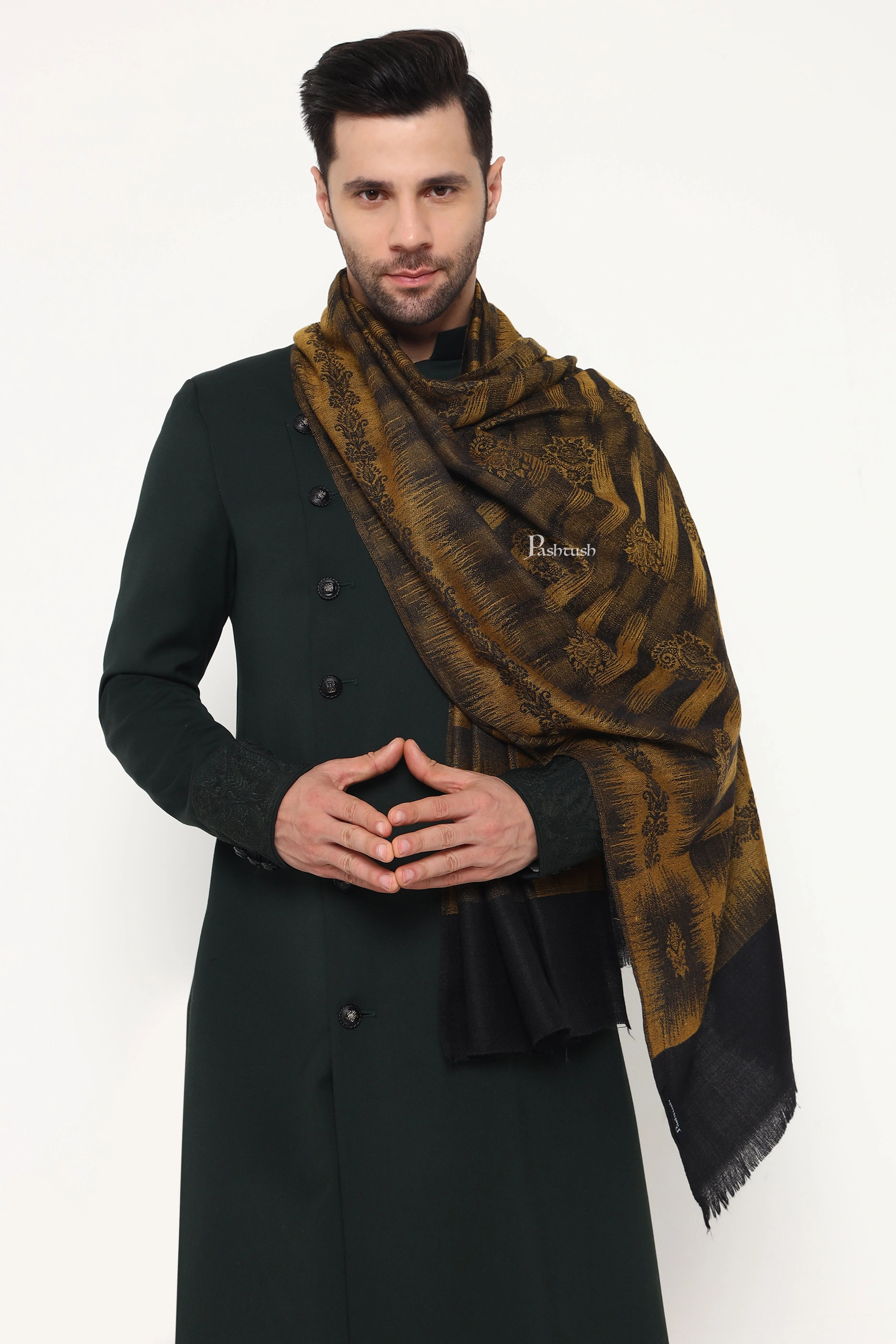 Pashtush Mens Extra Fine Wool Stole, Ikkat Design, Black - Image 4