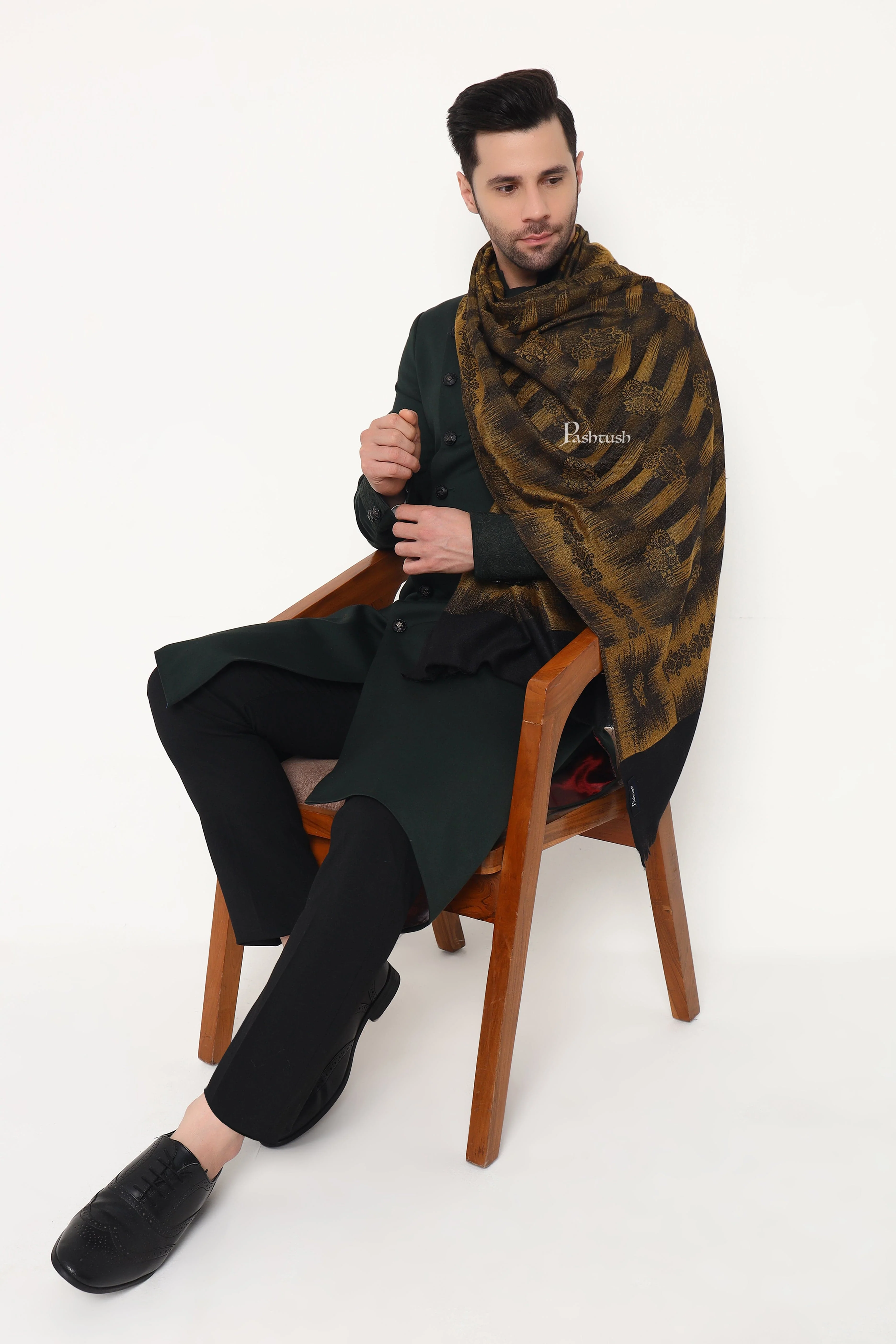 Pashtush Mens Extra Fine Wool Stole, Ikkat Design, Black - Image 8