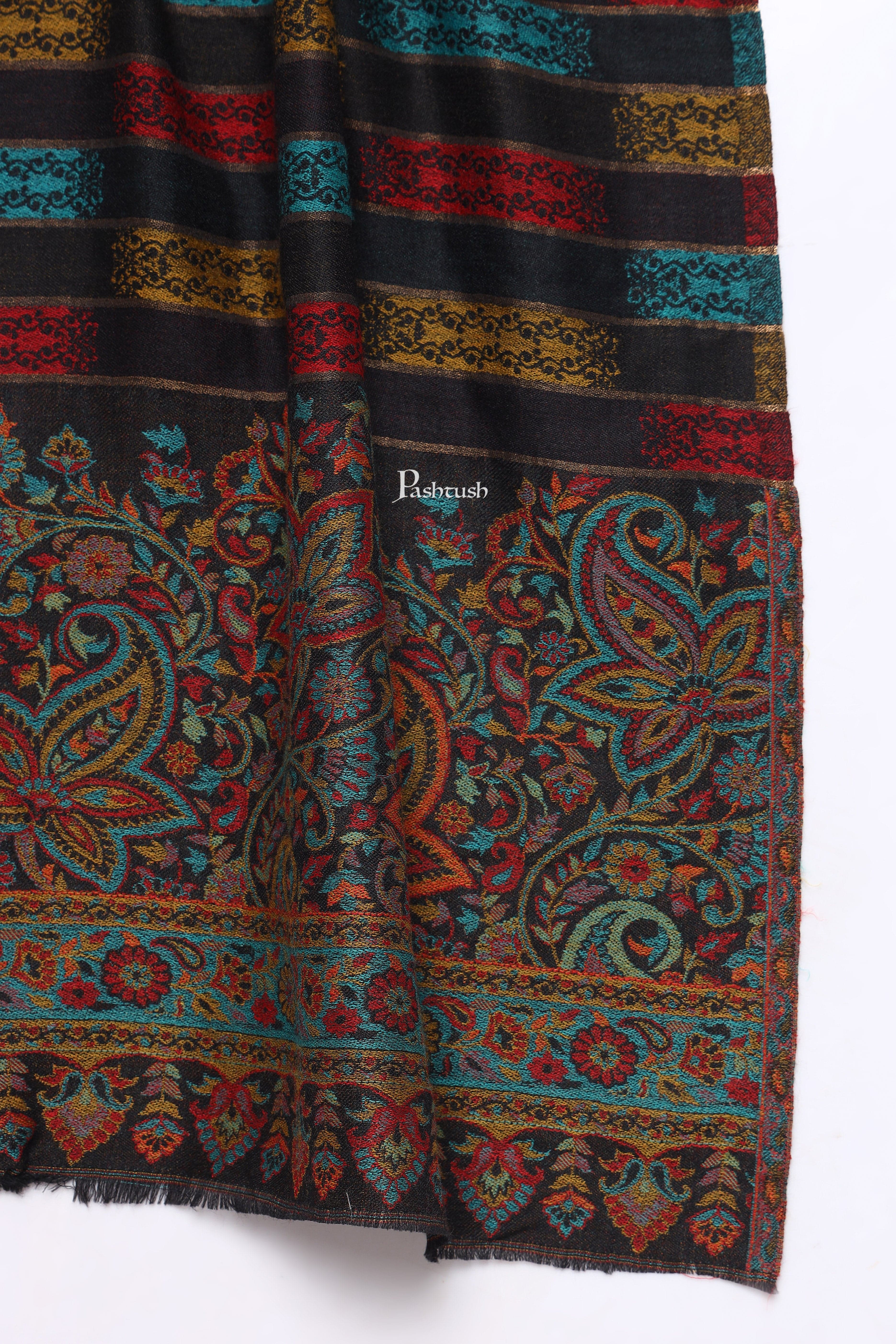 Pashtush Mens Extra Fine Wool Stole, Ikkat With Zari Design, Black - Image 2