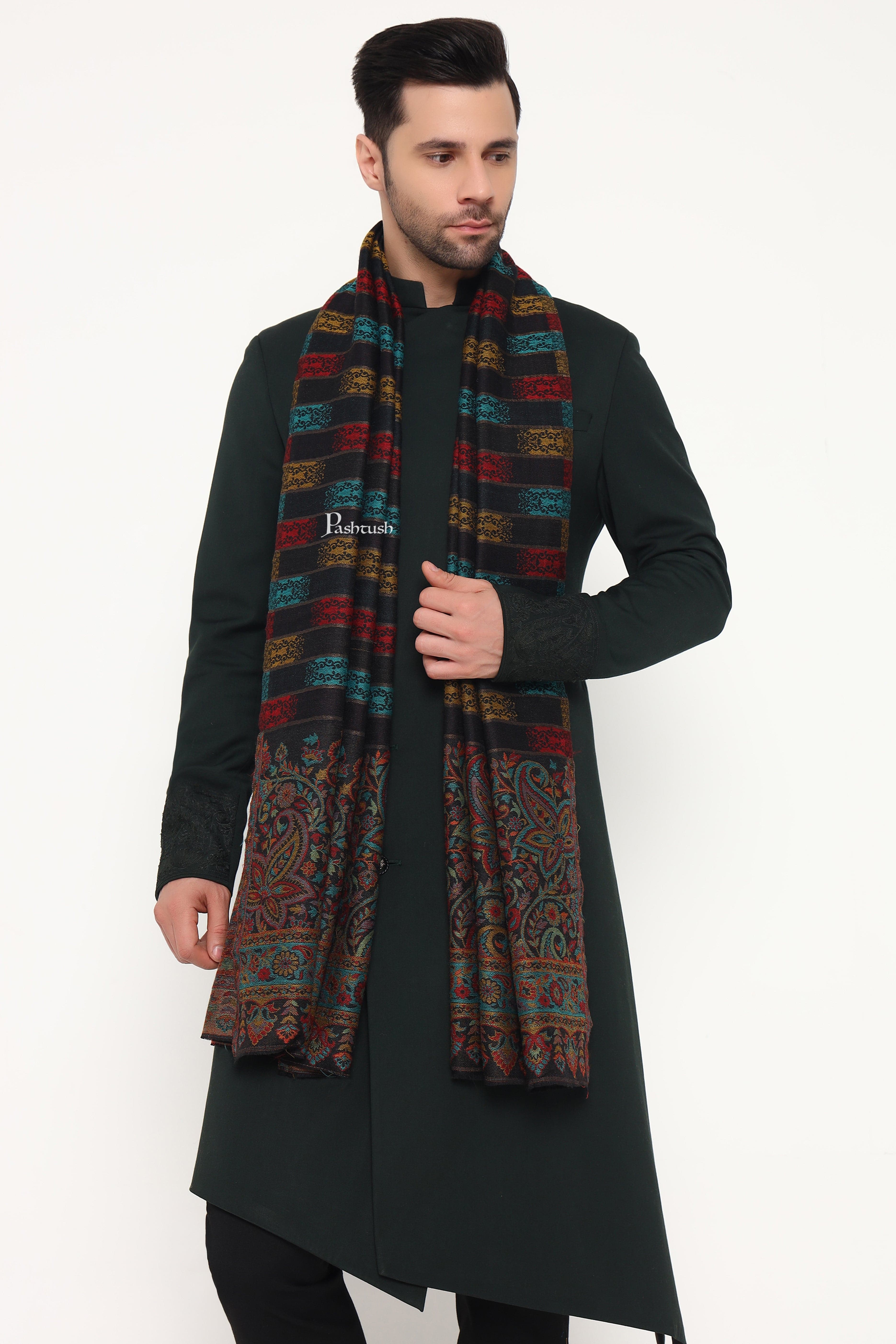 Pashtush Mens Extra Fine Wool Stole, Ikkat With Zari Design, Black - Image 3