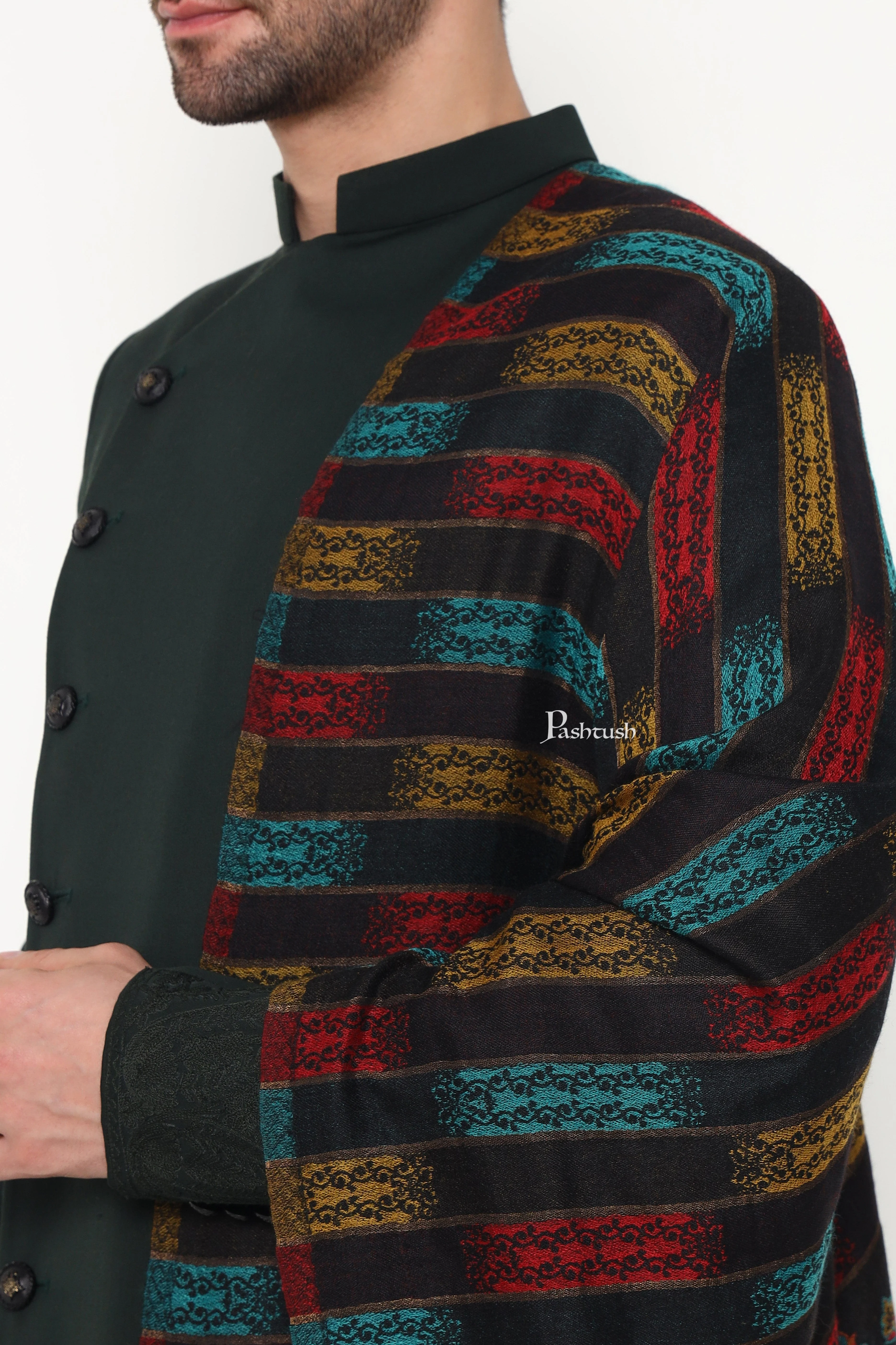 Pashtush Mens Extra Fine Wool Stole, Ikkat With Zari Design, Black - Image 6