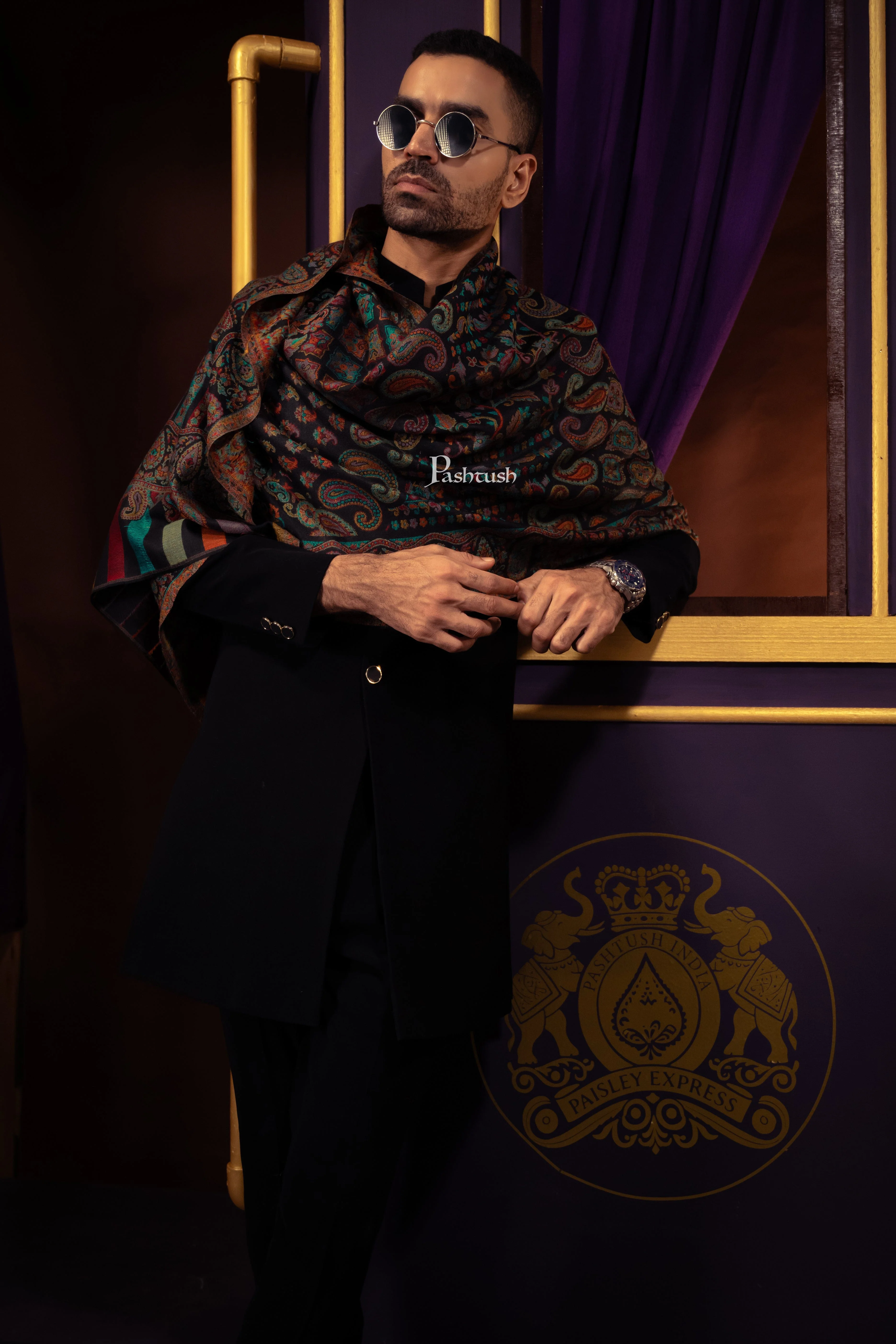 Pashtush Mens Extra Fine Wool Stole, Jacquard Design, Black - Image 2