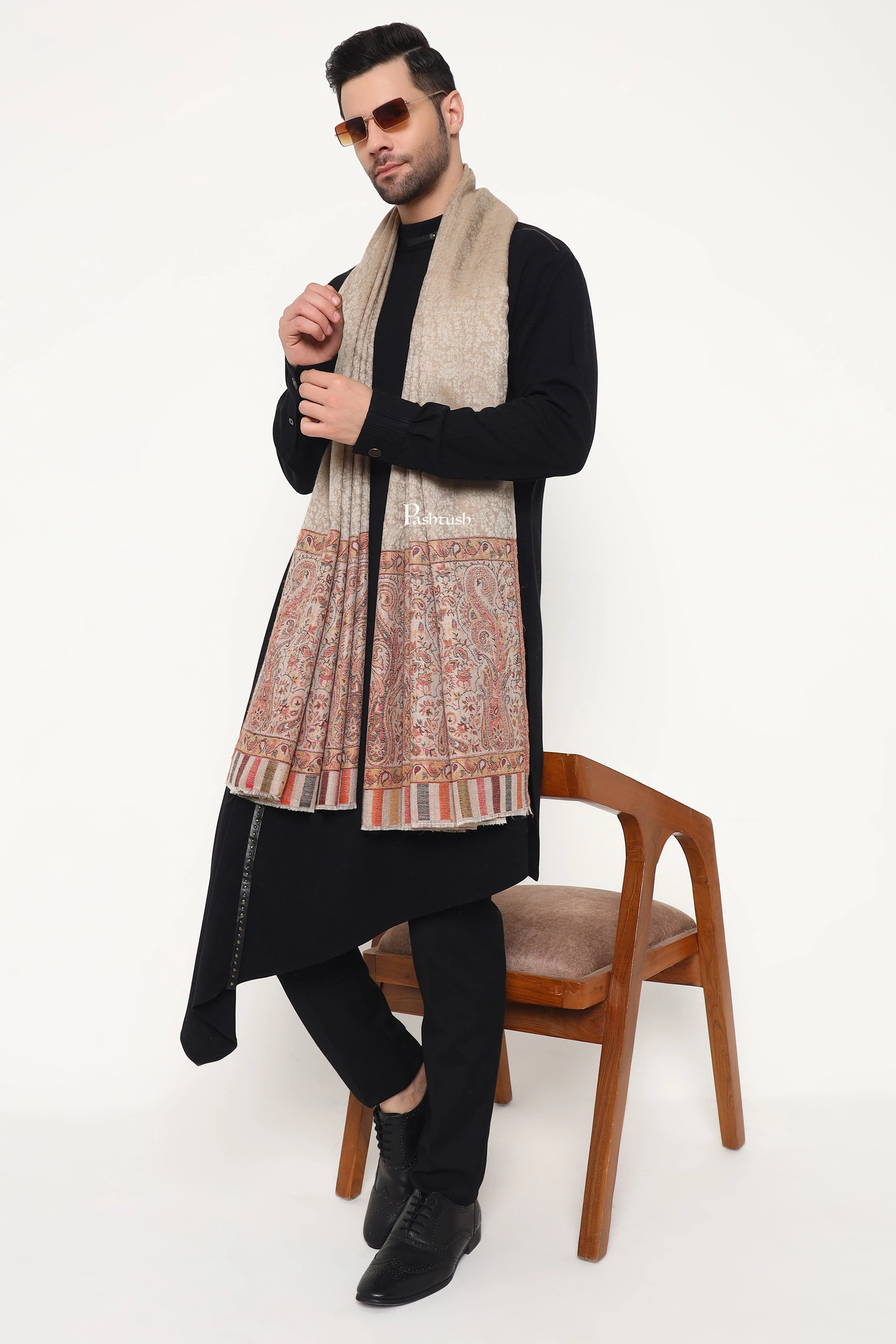 Pashtush Mens Extra Fine Wool Stole, Paisley Palla Design, Beige